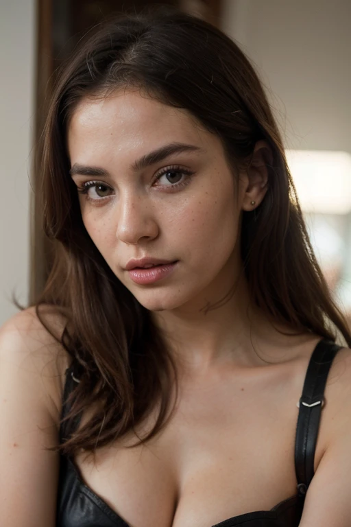 ((best quality)), ((masterpiece)), (detailed), perfect face realistic photo of beautiful woman with long dark brown hair, Russian, influencer, light freckles, dark brown eyes, big lips, no makeup, instagram, next to black wall, wearing thight sexy leather corset, facking with another girl