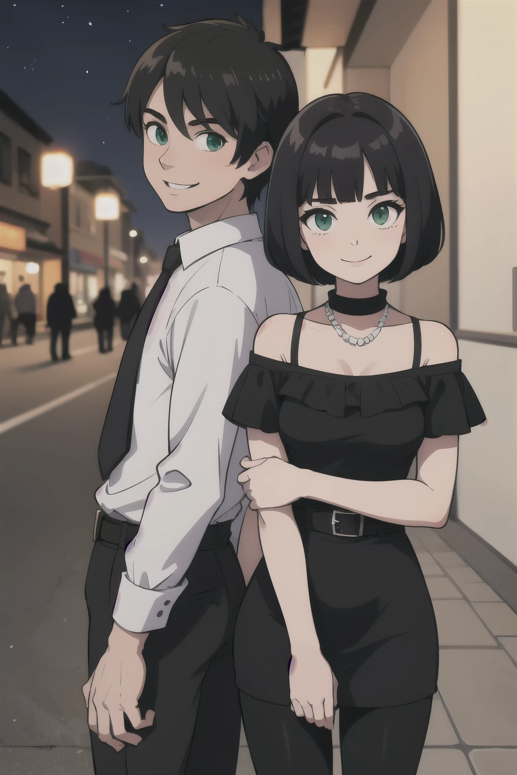 couple, 1 boy, 1 girl, a boy and a girl, standing together looking at you, both black hairs, both longer bodies, and both green eyes. The boy with medium hair, pointy black hair, in a white long collar shirt, a belt, black pants, being handsome, and smiling. The girl with bob cut, medium hair, in a little black dress, a short black dress, with a pearl necklace, and bare shoulders and smiling too. In a City back at night. The girl standing right behind the boy.