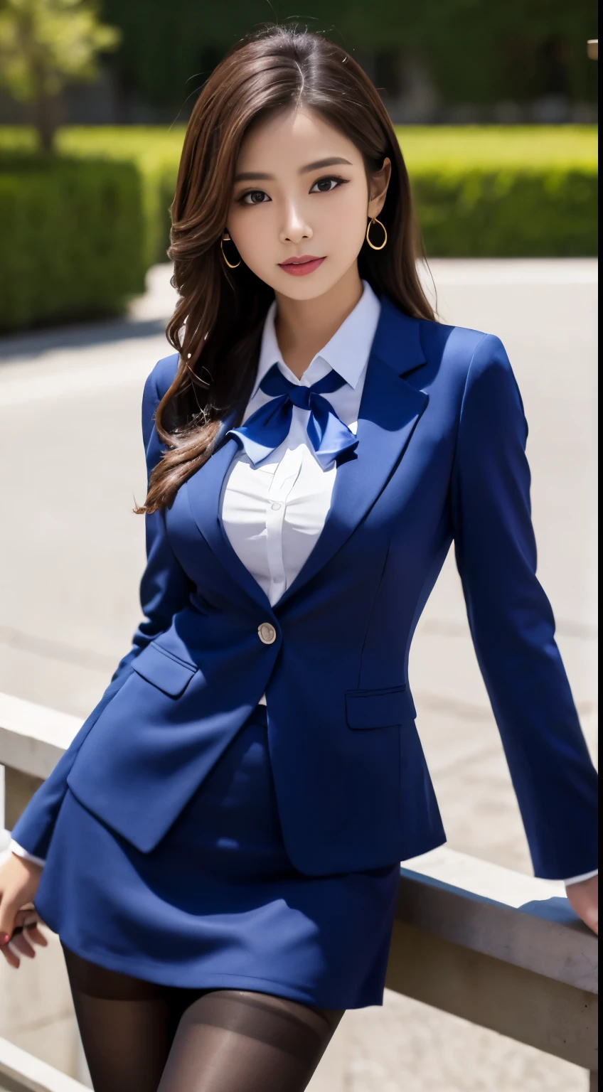 Best Quality、Top image quality、Ultra HD Images、((1人の女性、View photographer))、((Well-formed face、Actress face、Model face))、Shot from a distance、Standing、Model body type、Officelady、Slender Beauty、((Blue suit、Ribbon blouse、Blue tight skirt、Black pantyhose、high-heels))、((Perfect limbs))