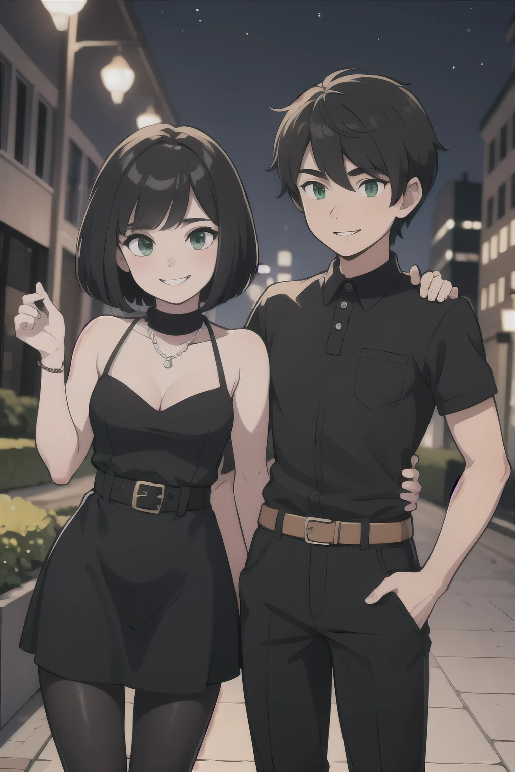 couple, 1 boy, 1 girl, a boy and a girl, standing together looking at you, both black hairs, both longer bodies, and both green eyes. The boy with medium hair, pointy black hair, in a white long collar shirt, a belt, black pants, being handsome, and smiling. The girl with bob cut, medium hair, in a little black dress, a short black dress, with a pearl necklace, and bare shoulders and smiling too. In a City back at night. The girl standing right behind the boy.