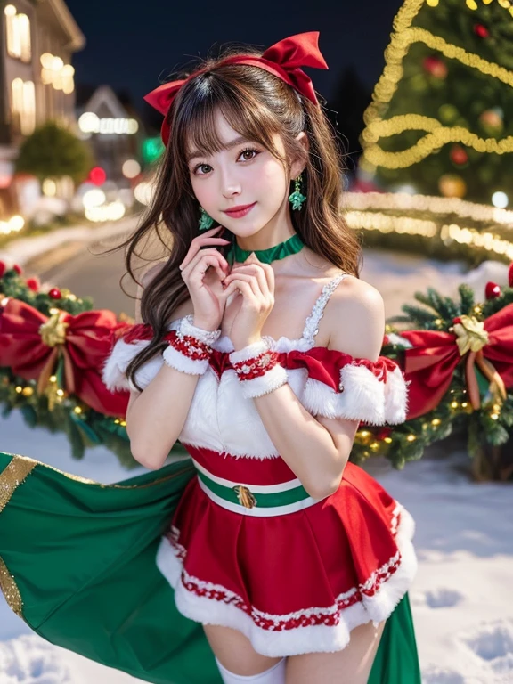 (8k, RAW photo, best quality, masterpiece:1.2),(realistic, photo-realistic :1.5), SIGMA 85mm f/1.4., detailed 8k background, depth of fields, bokeh, soft light, (extremely cute Japanese idol, detailed skin, full body, black hair: 1.2), 18 years old, extremely detailed face, detailed hands, extremely pale skin, smiling, looking at viewer, ([star-sharped] hair ornament:1.4),[[moon-shaped earrings:1.3]], (golden bracelet:1.3), wind lift, (red and [[[white]]] theme:1.5), (summer maxi red frilled dress:1.5), ([[white snowflake-printed]] on dress:1.4), (bare shoulder:1.4), (detached sleeves:1.3), (fur-trimmed_capelet), (fur-trimmed_dress:1.2), (green theme:1.3), (green choker with ribbon:1.3), (green hair ribbon:1.2), (green belt:1.3), (green ribbon on green belt:1.5), ((short skirt, sexy pose)), Christmas tree, winter, ((gorgeous Christmas town))