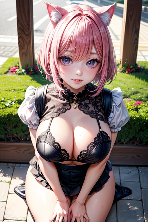 you are a cat girl、My favorite meal is sitting on a plate on the ground in front of me.。Please eat by bringing your face close to the food without using your hands.。the food is under my feet。(Best Quality, hight resolution, masutepiece:1.2), Ultra-detailed, Realistic:1.37, left pink hair、 Inwardly curled short bob hair,Hide one eye with bangs 、Sleepy eyes, Beautiful detailed eyes, Beautiful detailed lips, Smile, Choker, Woman、She has a very large and beautiful bust、frontage、Legs wide open!、Touch your private parts with your fingers!Definitely press your boobs against the floor、Breasts get crushed、Forward leaning position、quadrupedal walking、Lift your hips、Make sure to lick the plate on the ground!、