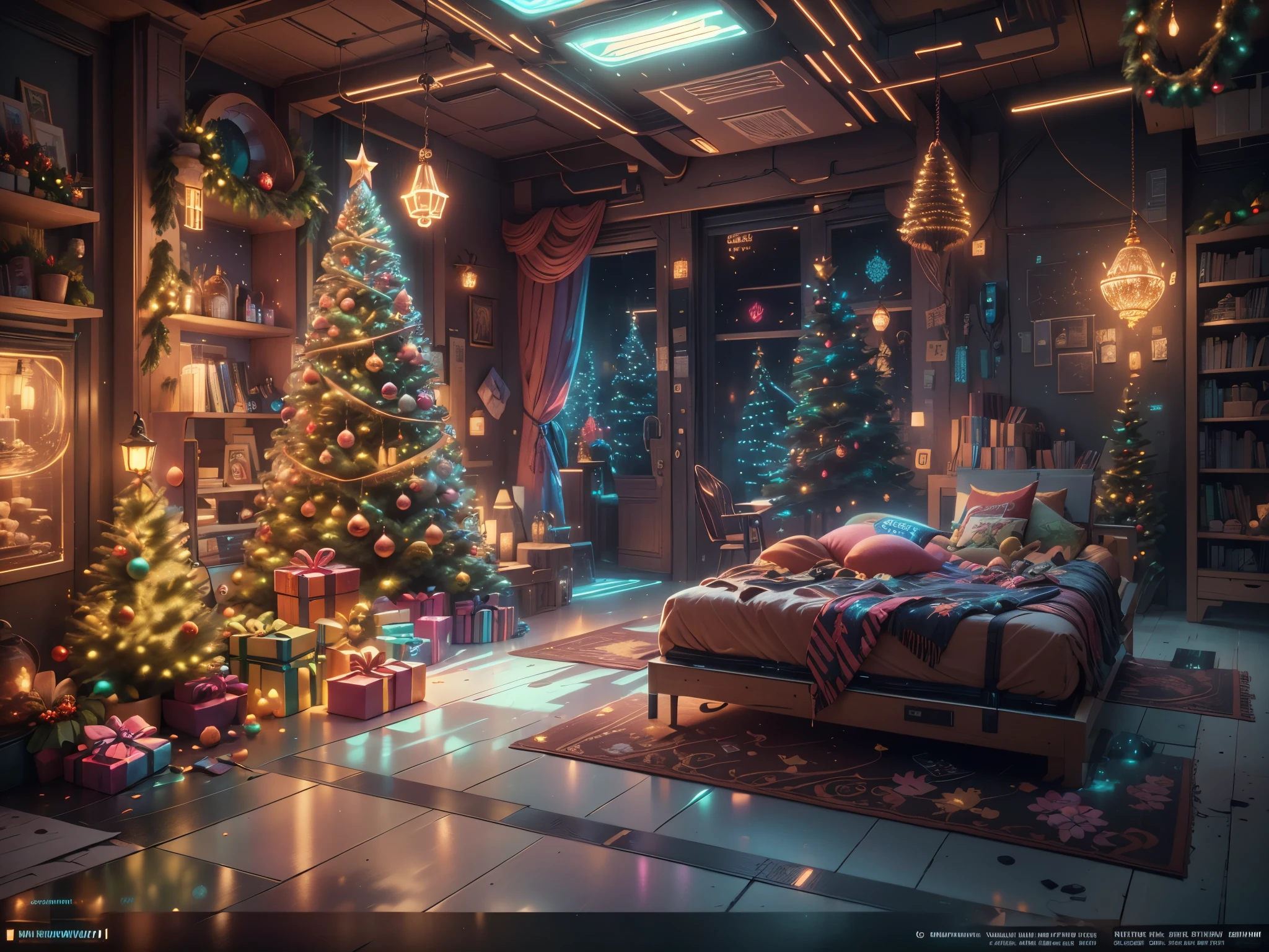 （Future science fiction，Cyberpunk style Christmas room:1.5），(以未来派赛博朋克圣诞元素Decorative style)，(霓虹lamplight)，mechanical fireplace、Lanterns hanging on mechanical stairs、Colorful gifts wrapped under futuristic Christmas tree、Mechanical floor piled with gifts、Decorative style的松树、Metallic floor、Christmas atmosphere、传统的Christmas atmosphere、Merry Christmas、gift tags、Christmas wreath、Decorative style、metal ribbon、Christmas tree lights、Candy and Snacks，Gingerbread Man，lamplight，Futuristic Christmas decoration，(Sci-fi stylish neon light sci-fi furniture)，Panoramic view of the city outside the window，nighttime scene，The room is full of joy and surprises，Christmas room with glowing decorations，artificial snow，Full of festive atmosphere，Glowing lamp，Nice decorations，（mechanical texture wall），（A seamless blend of futuristic and traditional Christmas elements，Seamless blend of old and new），No Man，filigree的细节，elegant and charming，highly  detailed，unreal-engine，rendering by octane，CGI，naturey，Pubic area is clear，filigree，smoothness，柔和的lamplight，(concept-art，hyper HD，art station antasyart，epic look at your scene，Intricate patterns，Complicated details，超filigree的绘画，physically-based renderingt，Extremely detailed description，professional，hyper realisitc，beyond human imagination，壮观的lamplight，Art station popular，unreal-engine，Global，Best quality，8K，A high resolution，tmasterpiece，ultra - detailed，realistically，1.4x more realism）, Neonpunkai