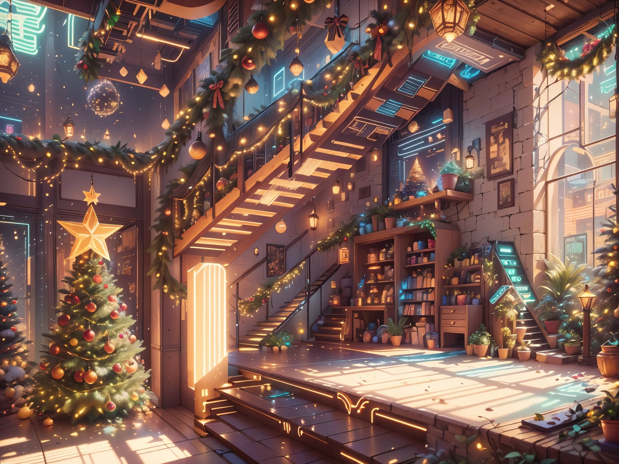 （Future science fiction，Cyberpunk style Christmas room:1.5），(以未来派赛博朋克圣诞元素Decorative style)，(霓虹lamplight)，mechanical fireplace、Lanterns hanging on mechanical stairs、Colorful gifts wrapped under futuristic Christmas tree、Mechanical floor piled with gifts、Decorative style的松树、Metallic floor、Christmas atmosphere、传统的Christmas atmosphere、Merry Christmas、gift tags、Christmas wreath、Decorative style、metal ribbon、Christmas tree lights、Candy and Snacks，Gingerbread Man，lamplight，Futuristic Christmas decoration，(Sci-fi stylish neon light sci-fi furniture)，Panoramic view of the city outside the window，nighttime scene，The room is full of joy and surprises，Christmas room with glowing decorations，artificial snow，Full of festive atmosphere，Glowing lamp，Nice decorations，（mechanical texture wall），（A seamless blend of futuristic and traditional Christmas elements，Seamless blend of old and new），No Man，filigree的细节，elegant and charming，highly  detailed，unreal-engine，rendering by octane，CGI，naturey，Pubic area is clear，filigree，smoothness，柔和的lamplight，(concept-art，hyper HD，art station antasyart，epic look at your scene，Intricate patterns，Complicated details，超filigree的绘画，physically-based renderingt，Extremely detailed description，professional，hyper realisitc，beyond human imagination，壮观的lamplight，Art station popular，unreal-engine，Global，Best quality，8K，A high resolution，tmasterpiece，ultra - detailed，realistically，1.4x more realism）, Neonpunkai