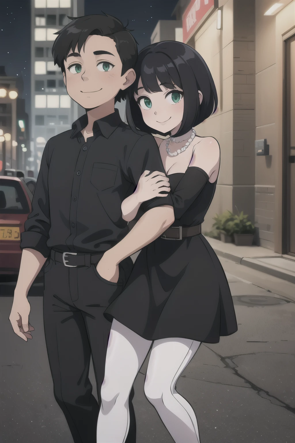 couple, 1 boy, 1 girl, a boy and a girl, standing together looking at you, both black hairs, both longer bodies, and both green eyes. The boy with medium hair, pointy black hair, in a white long collar shirt, a belt, black pants, being handsome, and smiling. The girl with bob cut, medium hair, in a little black dress, a short black dress, with a pearl necklace, and bare shoulders and smiling too. In a City back at night. The girl standing right behind the boy.