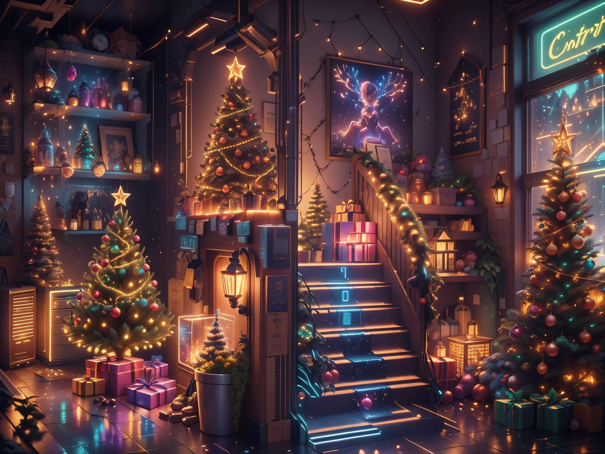 （Future science fiction，Cyberpunk style Christmas room:1.5），(以未来派赛博朋克圣诞元素Decorative style)，(霓虹lamplight)，mechanical fireplace、Lanterns hanging on mechanical stairs、Colorful gifts wrapped under futuristic Christmas tree、Mechanical floor piled with gifts、Decorative style的松树、Metallic floor、Christmas atmosphere、传统的Christmas atmosphere、Merry Christmas、gift tags、Christmas wreath、Decorative style、metal ribbon、Christmas tree lights、Candy and Snacks，Gingerbread Man，lamplight，Futuristic Christmas decoration，(Sci-fi stylish neon light sci-fi furniture)，Panoramic view of the city outside the window，nighttime scene，The room is full of joy and surprises，Christmas room with glowing decorations，artificial snow，Full of festive atmosphere，Glowing lamp，Nice decorations，（mechanical texture wall），（A seamless blend of futuristic and traditional Christmas elements，Seamless blend of old and new），No Man，filigree的细节，elegant and charming，highly  detailed，unreal-engine，rendering by octane，CGI，naturey，Pubic area is clear，filigree，smoothness，柔和的lamplight，(concept-art，hyper HD，art station antasyart，epic look at your scene，Intricate patterns，Complicated details，超filigree的绘画，physically-based renderingt，Extremely detailed description，professional，hyper realisitc，beyond human imagination，壮观的lamplight，Art station popular，unreal-engine，Global，Best quality，8K，A high resolution，tmasterpiece，ultra - detailed，realistically，1.4x more realism）, Neonpunkai