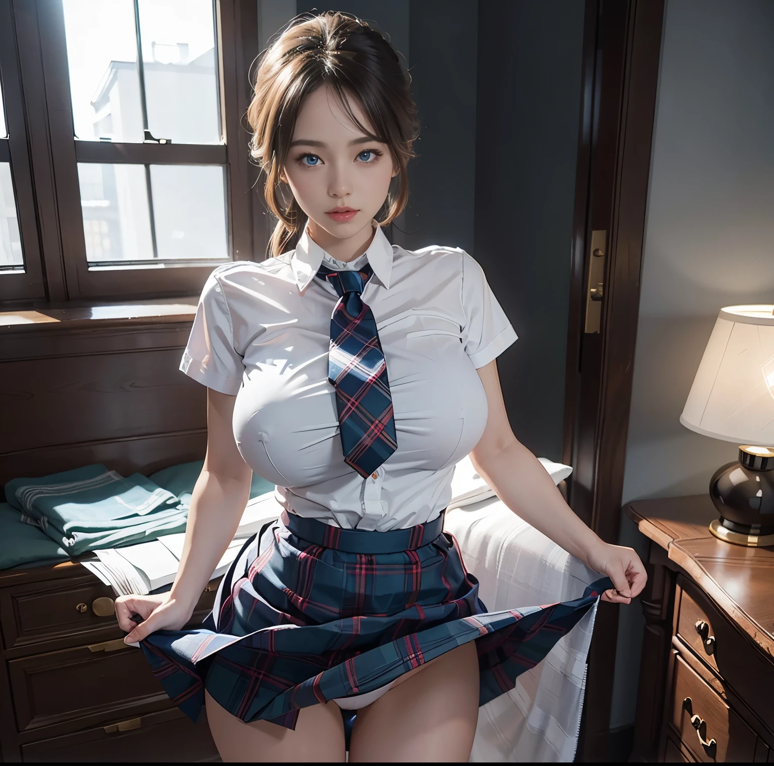 top-quality, 8K picture quality, masterpiece, profetional lighting, Two women standing, (Super huge breasts squeezed with clothes:1.2), Whitening Skin, Blue eyes reflect a lot of light、 (A tight pure white shirt that completely hides her gigantic breasts.:1.3), (Crimson Ribbon Tie, Amazingly Short Micro Mini Pleated Tartan Skirt), (Do not expose upper body skin:1.3), Show off your ultra-slim waist from the front, above the knee while standing, White panties, Skirtliftv1