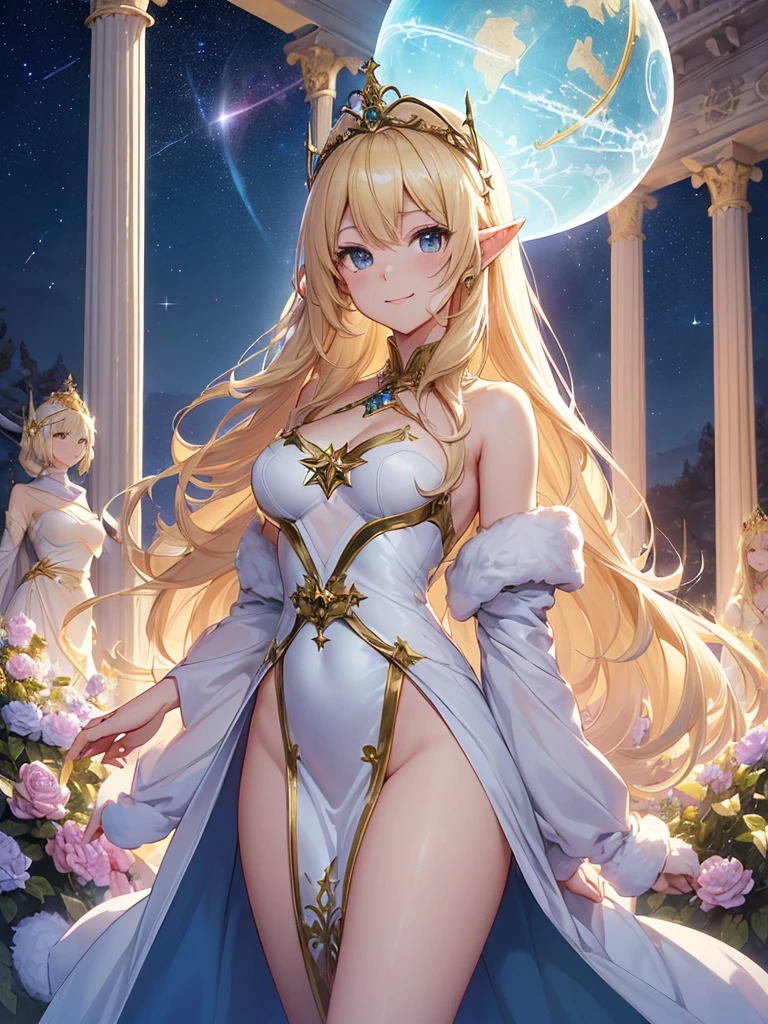 top-quality、Top image quality、Butterpiece、Super beautiful elf beauty((24 year old、santa costume、santa hat、Best Bust、big bast、Bust 90,beautiful blue long ironed hair、a blond、globe、A A sexyは、A slender、a closeup、Esbian、beautiful tiara、hiquality、Beautiful Art、Background with((starrysky)))Bututepiece、visualart、depth of fields、low angle night sky、、Elven ears、、light magic、Space Knight、harp melody🎵、Happy smile、Gentle light、、Beautiful legs that are gentle on the skin、、、Number of fingers to achieve precise finger movements、ティッカーBeautiful decoration、elegent、Mystical field under the flower garden、Marble pillars, beautiful dressy、Snowy landscape in winter、、巨大なglobe、、Temple of Time、Great watch、hour glass、sundial、NSFW.A sexy、nude,ChristBut、ChristButツリー、Beautiful decoration,santa dress 1.3,X,But