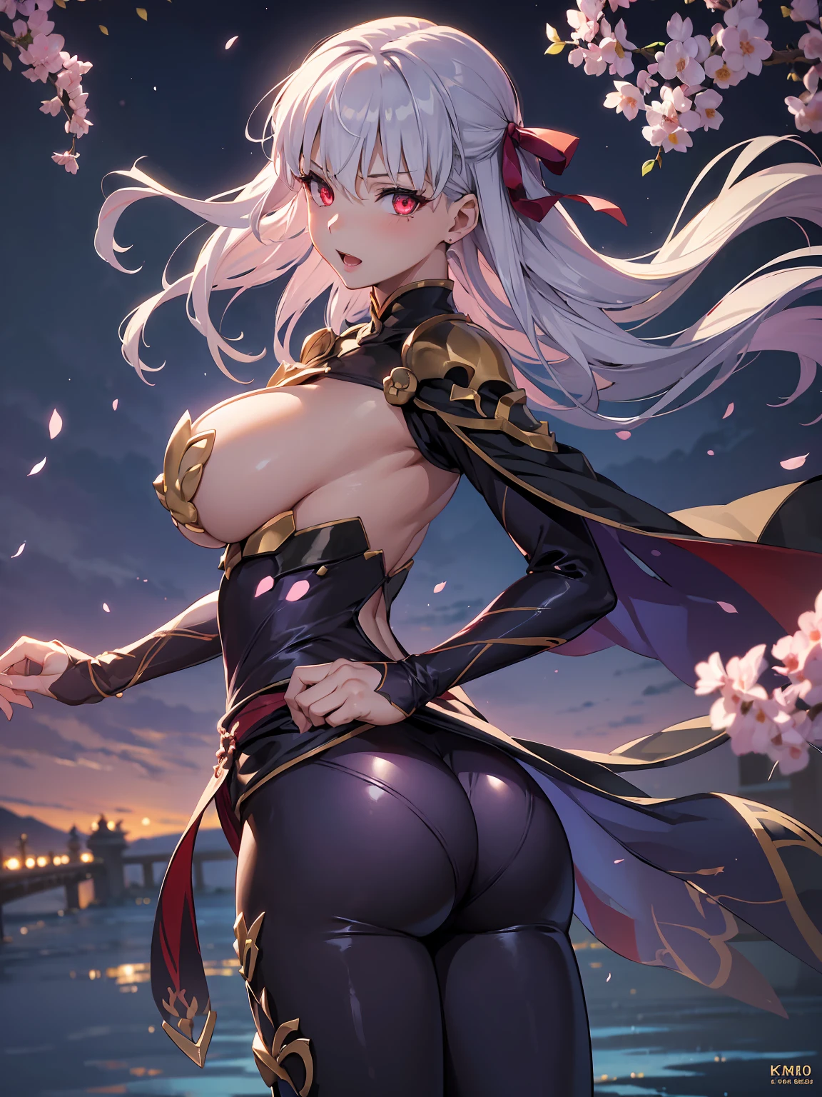 ((highly detailed)), fate grand order, kama, perfect human hands, (great breast:1.1),masterpiece, best quality, ultra-detailed, glistening shiny, glowing light, ray tracing, HDR, deph of field, (perfect face, detailed face, detailed eyes,perfect hands,perfect fingeredium boobs:1.2),8k,HD,ultra realistic face,ray tracing,perfect lighting,best quality, ultra-detailed, shiny eyes, (looking at viewer,open mouth smile:1.1), ((1girl:1.2)), (mature female:1.4),cowboy shot,thicc,streaked_hair,multicolored eyes, gradient eyes, (glowing eyes:1.5), mascara, (fashion make up), parted lips,blush,cameltoe,all fouriddle of japanese countryside,japanese bridge,over the bridge,river,cherry trees,cherry petals,dark blue sky)),((super detailed background)), dynamic poses, ((8k wallpaper)),(ass, from behind, ass focus,bent foward), (kama outfit:1.5), (beast:1.2)