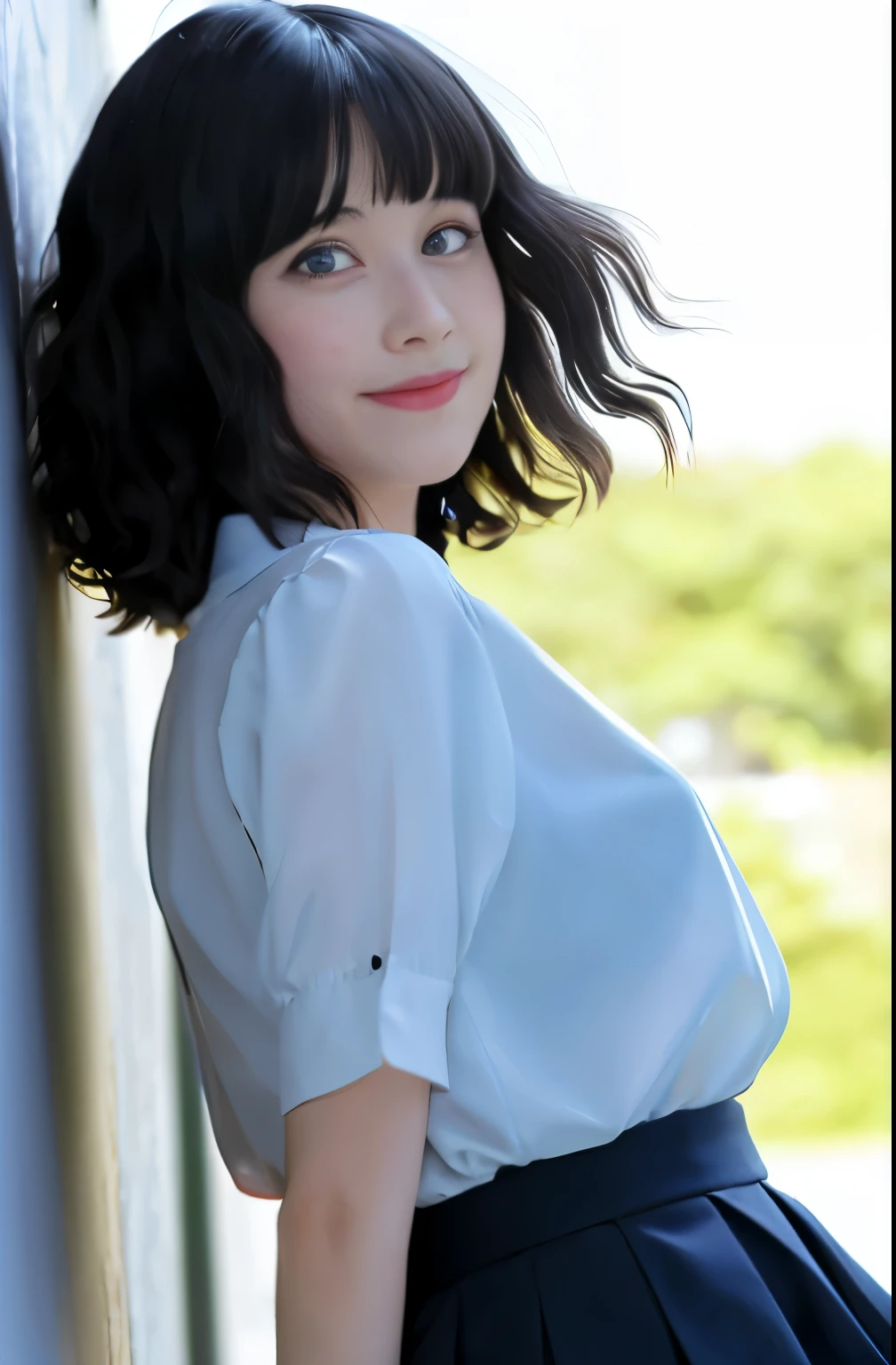 Black hair, Anime, Ghibli, Anime style, close up, From Side, One-person viewpoint, 8K, Super Detail, masutepiece,Super Detail, High quality, High resolution, high detailing, White background, Face Detail, Happiness, Curly hair, Blue eyes、Show a full body image、Red cheeks、High School Blouse、pleatedskirt、knee sox