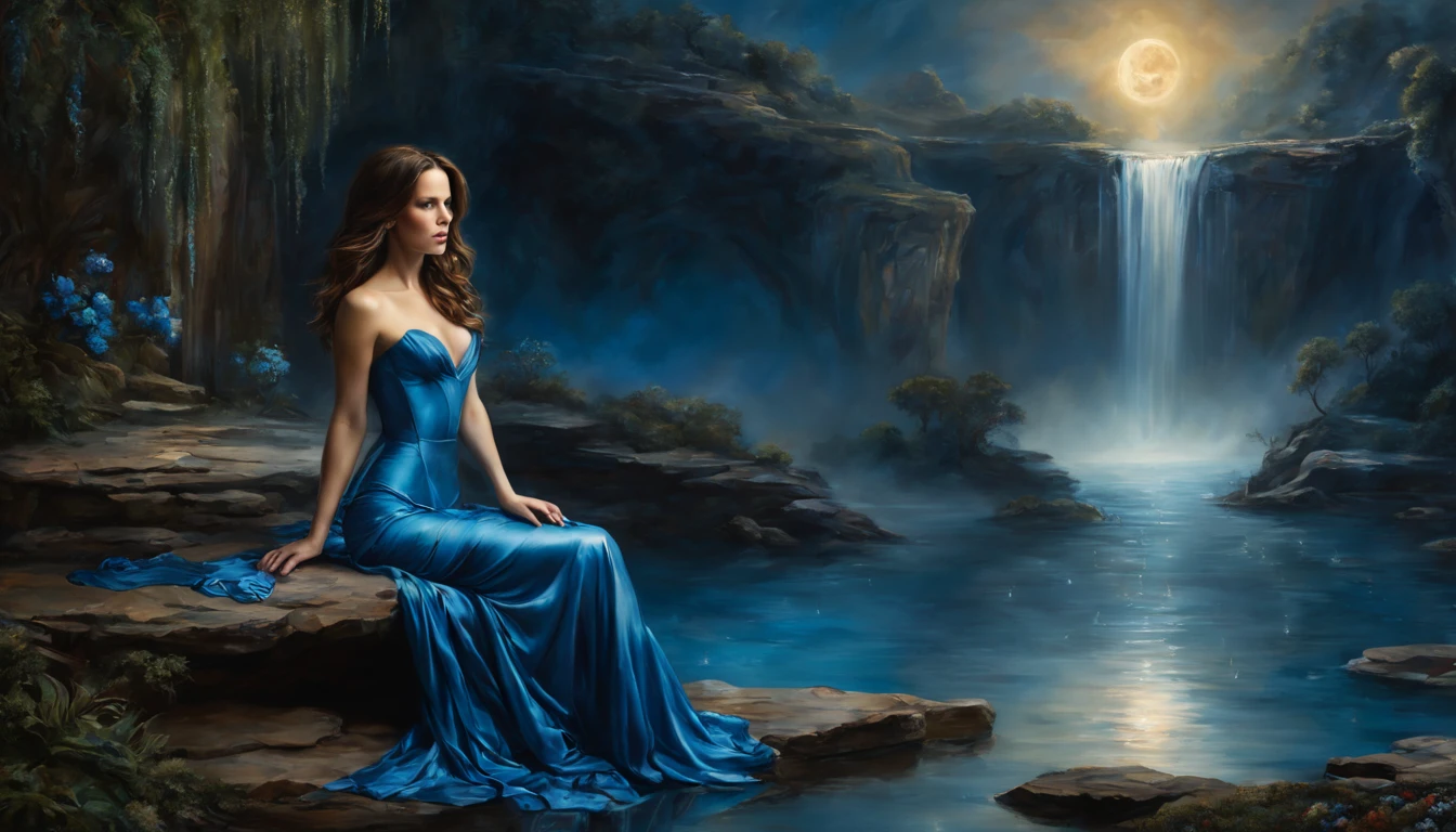 1 girl "Kate Beckinsale em vestido longo azul", pintura: Uma encantadora obra de arte representando uma garota vestindo seda, By a mystical pool, cercado por encantos turbulentos, with the distant planet casting an ethereal light upon her.