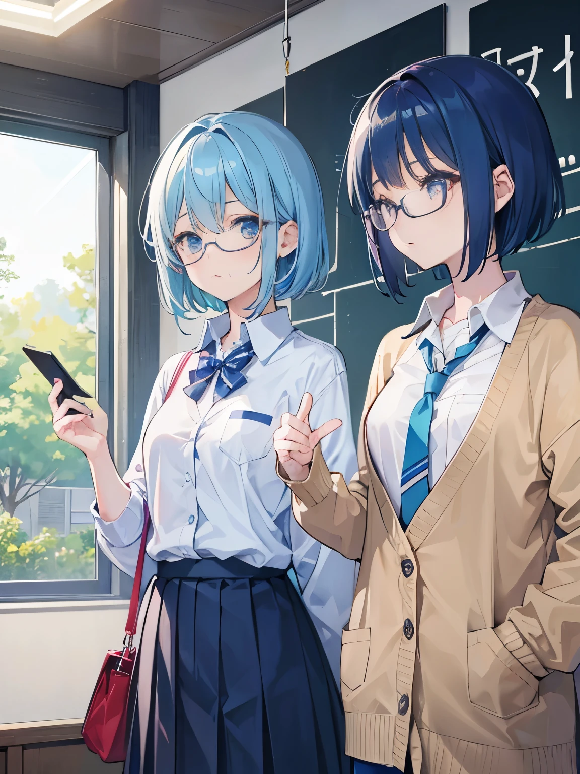 1girl in,teens girl,小柄,Blue hair,short-haired,straight haired,Okappa,deadpan,,ultrasharp, 8K, masutepiece,校服,Cardigan,neck tie,eye glasses,