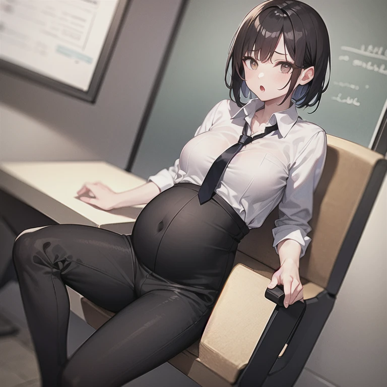 masterpiece, best quality, 1girl, solo, mature female, tomboy, straight hair, short hair, dark hair, dark eyes, pregnant, (collared shirt, white shirt, necktie, black tie, black pants), office, :o, (looking at stomach), sitting, chair