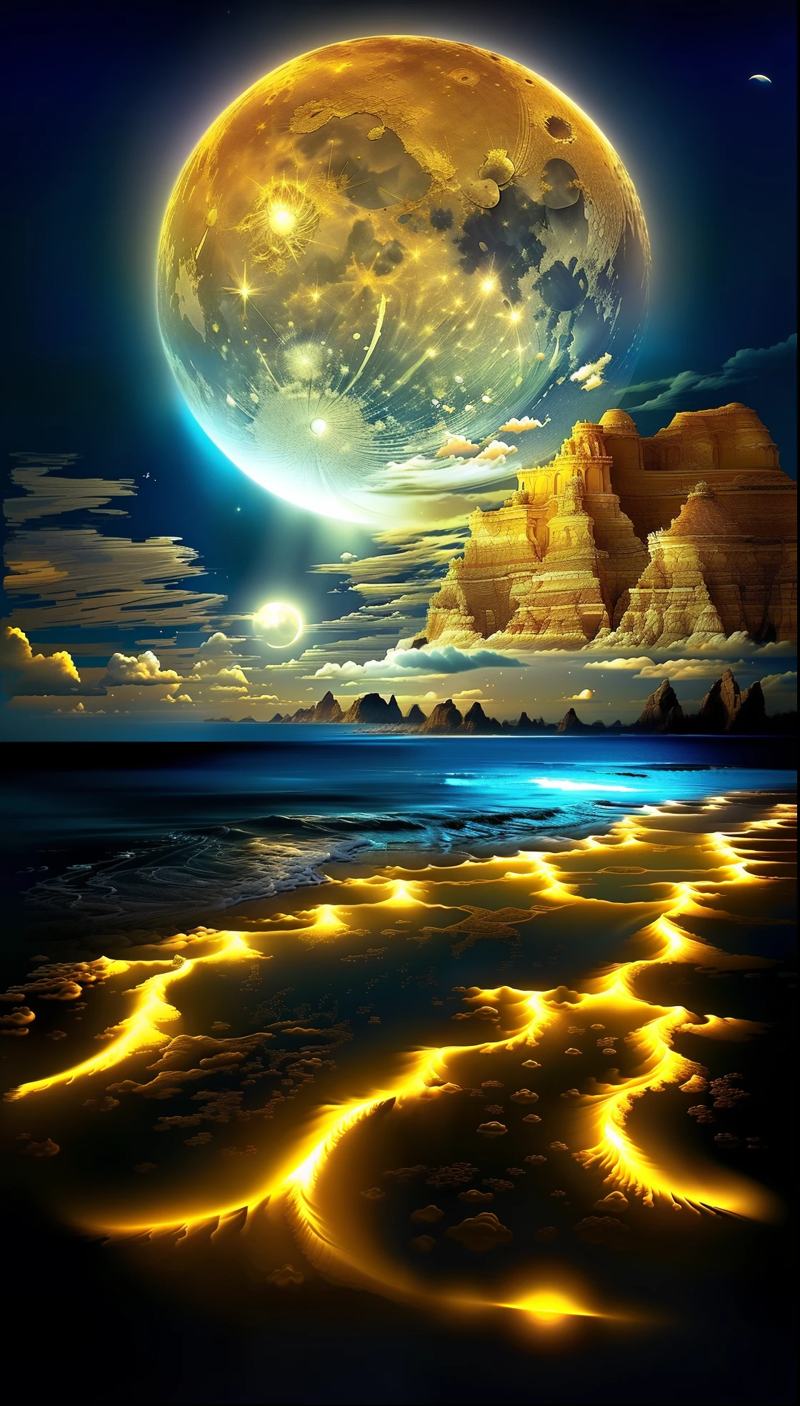 a painting of a beach with a golden full moon and some clouds, magical beach, sandy white moon landscape, surreal space, magnificent background, beautiful image already created, universe in a grain of sand, magical ocean blue drops, detailed dreamscape, moon shining golden light, beautiful breathtaking dreamer, in the astral plane ) ), stunning screensaver,  beautiful space, beautiful moonlight