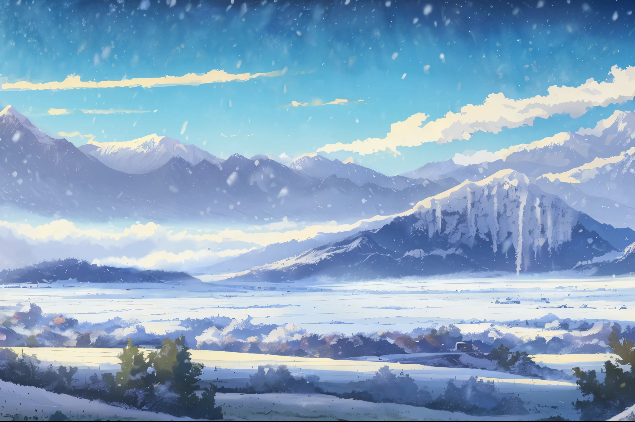 Snowapocalypse creates high-resolution artwork landscape artwork with mountains in the background, fields in the foreground, snowfall, falling snowflakes, clouds sparkling in the sun, made in winter by Makoto Shinkai and Studio Ghibli, very detailed, incredibly quality, trending on artstation, masterpiece, 8K dangergoose