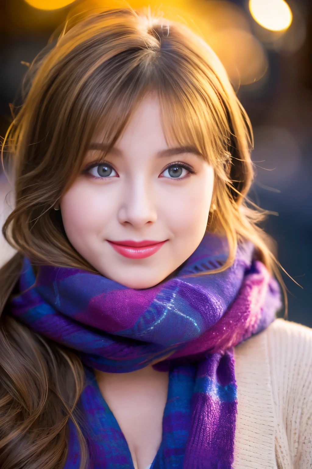1girl in, Ahoge, Bangs, Blonde hair, Blowing kiss, Blue eyes, blue scarf, brown scarf, cleavage, Closed mouth, Eyelashes, Face, Floating hair, hair between eye, heart mark, Lips, Lipstick, Long hair, Looking at Viewer, makeup, night skyporn, Nose, one eye closed, orange scarf, pink Lips, pink scarf, Portrait, Purple eyes, Realistic, red Lips, red scarf, scarf, signature, Smile, Solo, spaces, spoken heart mark, Star (skyporn), Starry skyporn, Upper body, watermarked, Yang Xiaolong, yellow scarf