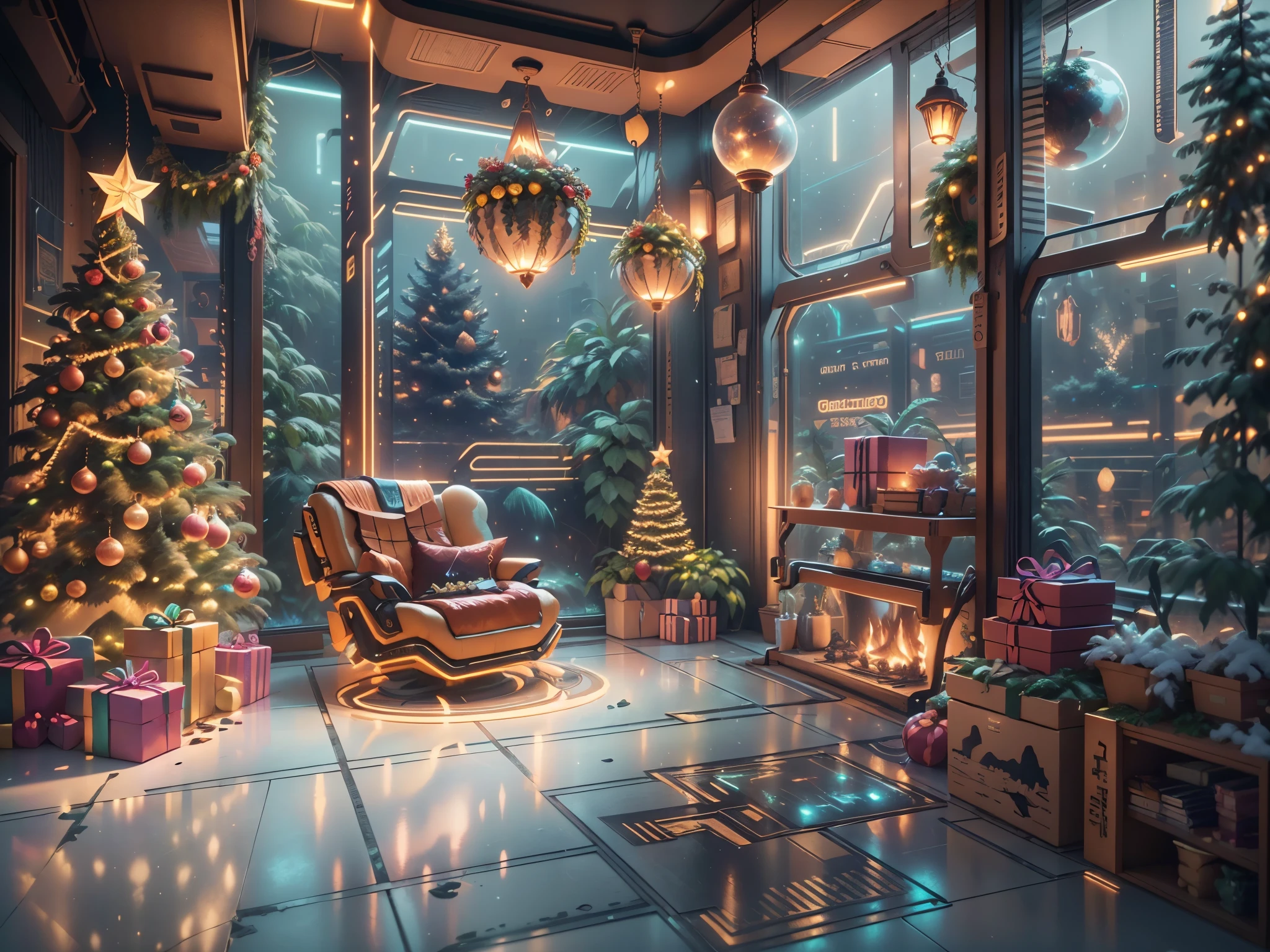 （Future science fiction，Cyberpunk style Christmas room:1.5），(以未来派赛博朋克圣诞元素Decorative style)，(霓虹lamplight)，mechanical fireplace、Lanterns hanging on mechanical stairs、Colorful gifts wrapped under futuristic Christmas tree、Mechanical floor piled with gifts、Decorative style的松树、Metallic floor、Christmas atmosphere、传统的Christmas atmosphere、Merry Christmas、gift tags、Christmas wreath、Decorative style、metal ribbon、Christmas tree lights、Candy and Snacks，Gingerbread Man，lamplight，Futuristic Christmas decoration，(Sci-fi stylish neon light sci-fi furniture)，Panoramic view of the city outside the window，nighttime scene，The room is full of joy and surprises，Christmas room with glowing decorations，artificial snow，Full of festive atmosphere，Glowing lamp，Nice decorations，（mechanical texture wall），（A seamless blend of futuristic and traditional Christmas elements，Seamless blend of old and new），No Man，filigree的细节，elegant and charming，highly  detailed，unreal-engine，rendering by octane，CGI，naturey，Pubic area is clear，filigree，smoothness，柔和的lamplight，(concept-art，hyper HD，art station antasyart，epic look at your scene，Intricate patterns，Complicated details，超filigree的绘画，physically-based renderingt，Extremely detailed description，professional，hyper realisitc，beyond human imagination，壮观的lamplight，Art station popular，unreal-engine，Global，Best quality，8K，A high resolution，tmasterpiece，ultra - detailed，realistically，1.4x more realism）, Neonpunkai