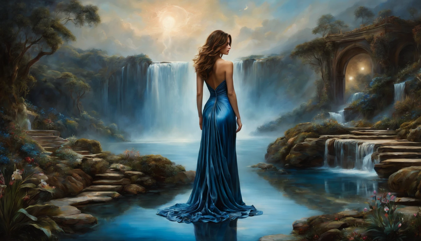 1 girl "Kate Beckinsale in long blue dress", paint: A charming work of art depicting a girl wearing silk, By a mystical pool, surrounded by turbulent charms, with the distant planet casting an ethereal light upon her.