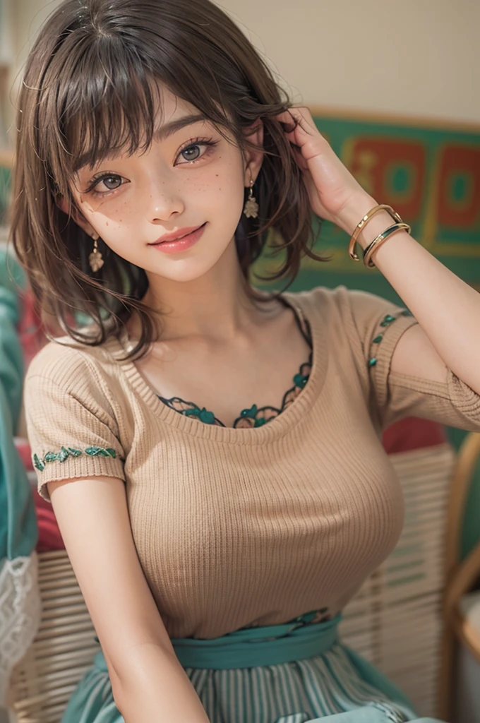 Best quality at best, 超k hd, (realisticlying:1.4),Sunset sun, 1个Giant Breast Girl, (Realistic face), freckle ,(brunette color hair, short detailed hair: 1.ony tails, realisticlying的眼睛, (realisticlying的皮肤), (Sweaters), detailed photograph, Smiling, sexy for, filmgrain, low-contrast, facing at the camera, closeup cleavage (tmasterpiece: 1.3), (8K, realisticlying, Best quality at best: 1.4), hoang lap, Attractive, 超高分辨率, hyper realisitc, k hd, the golden ratio