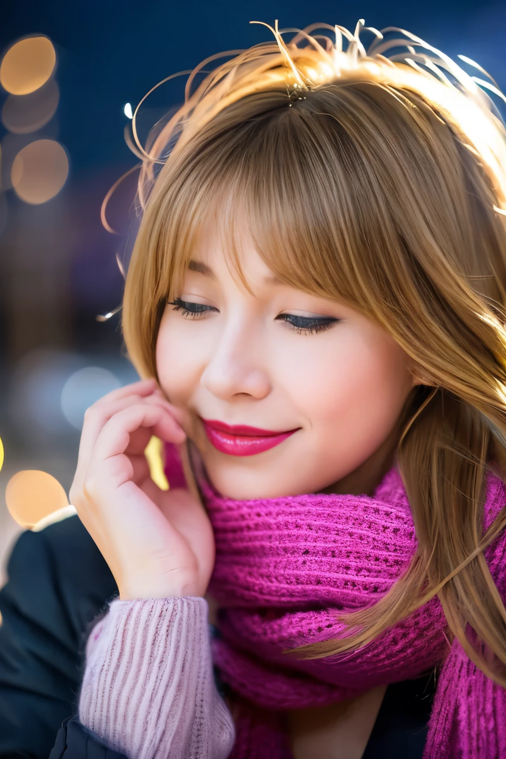 1girl in, Ahoge, Bangs, Blonde hair, Blowing kiss, Blue eyes, blue scarf, brown scarf, cleavage, Closed mouth, Eyelashes, Face, Floating hair, hair between eye, heart mark, Lips, Lipstick, Long hair, Looking at Viewer, makeup, night skyporn, Nose, one eye closed, orange scarf, pink Lips, pink scarf, Portrait, Purple eyes, Realistic, red Lips, red scarf, scarf, signature, Smile, Solo, spaces, spoken heart mark, Star (skyporn), Starry skyporn, Upper body, watermarked, Yang Xiaolong, yellow scarf