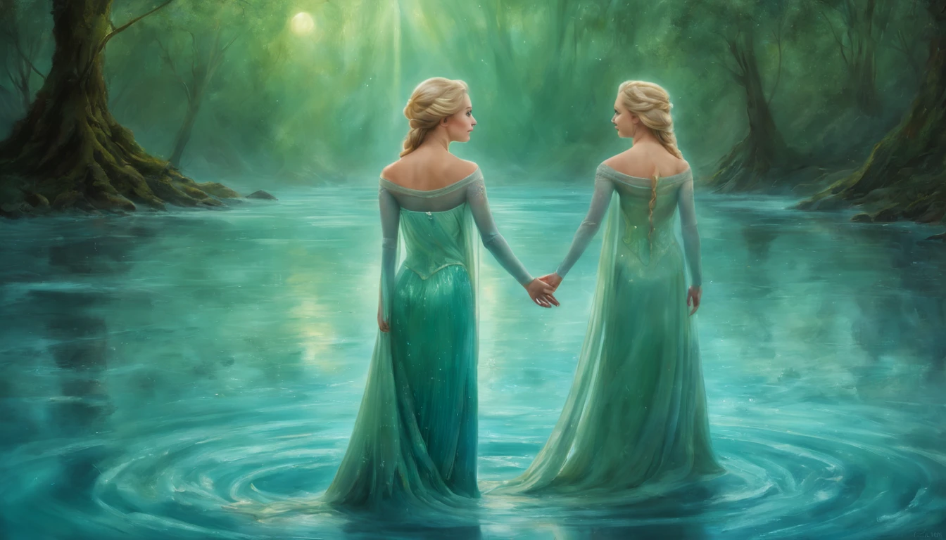 1 girl "Elsa de Frozen com vestido longo verde claro", pintura: Uma encantadora obra de arte representando uma garota vestindo seda, By a mystical pool, cercado por encantos turbulentos, with the distant planet casting an ethereal light upon her.