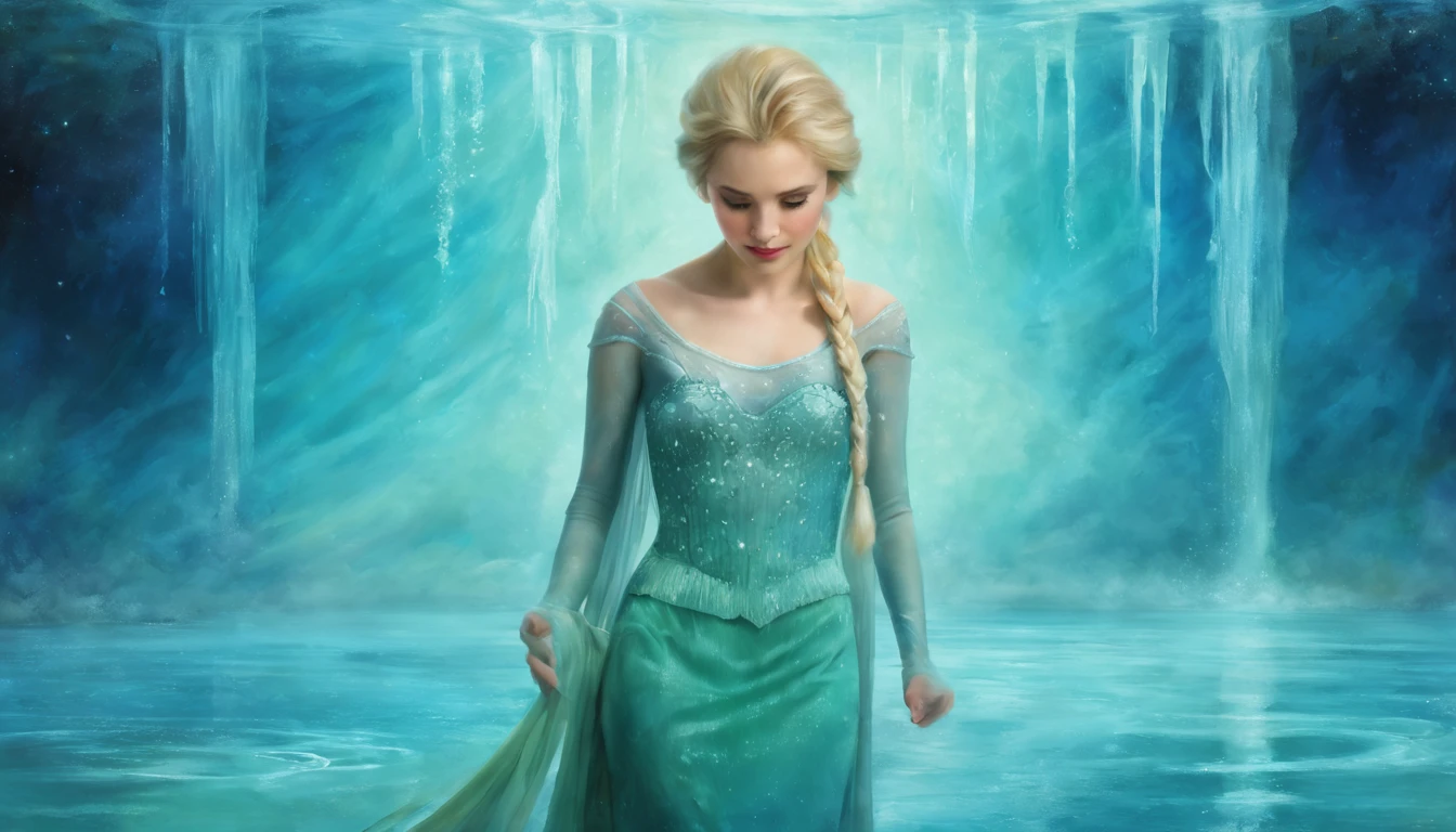 1 girl "Elsa de Frozen com vestido longo verde claro", pintura: Uma encantadora obra de arte representando uma garota vestindo seda, By a mystical pool, cercado por encantos turbulentos, with the distant planet casting an ethereal light upon her.