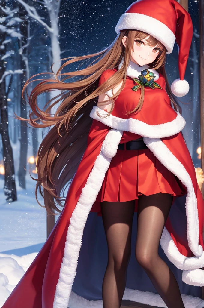 Best Quality, masterpaintings, best qualtiy, Photorealsitic, ultra-detailliert,dynamic light and shadow,hight resolution, 1人の女性, Smiling、shiny brown hair, 、red santa claus、Santa Hat、wearing black pantyhose、A slender、 slender、Forest illuminated with illuminations、Snow piles up、Blur the background