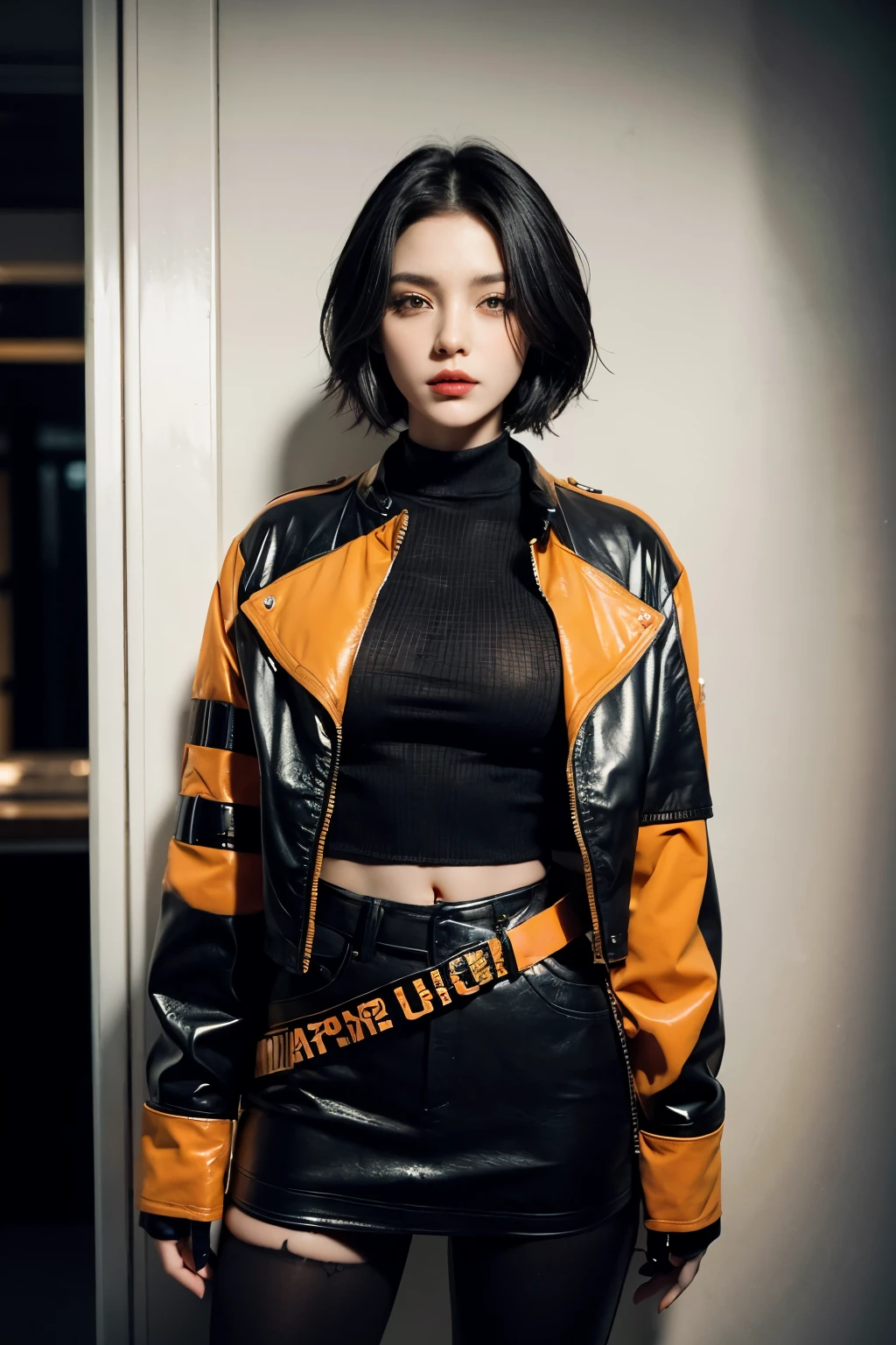 "Create a masterpiece, with a woman, from the front, short hair, black hair and the right of it with an orange streak, dressed in a black jacket, imposing, with a pistol on her waist, detailed her face and body and clothes. The resolution texture should be 16k."