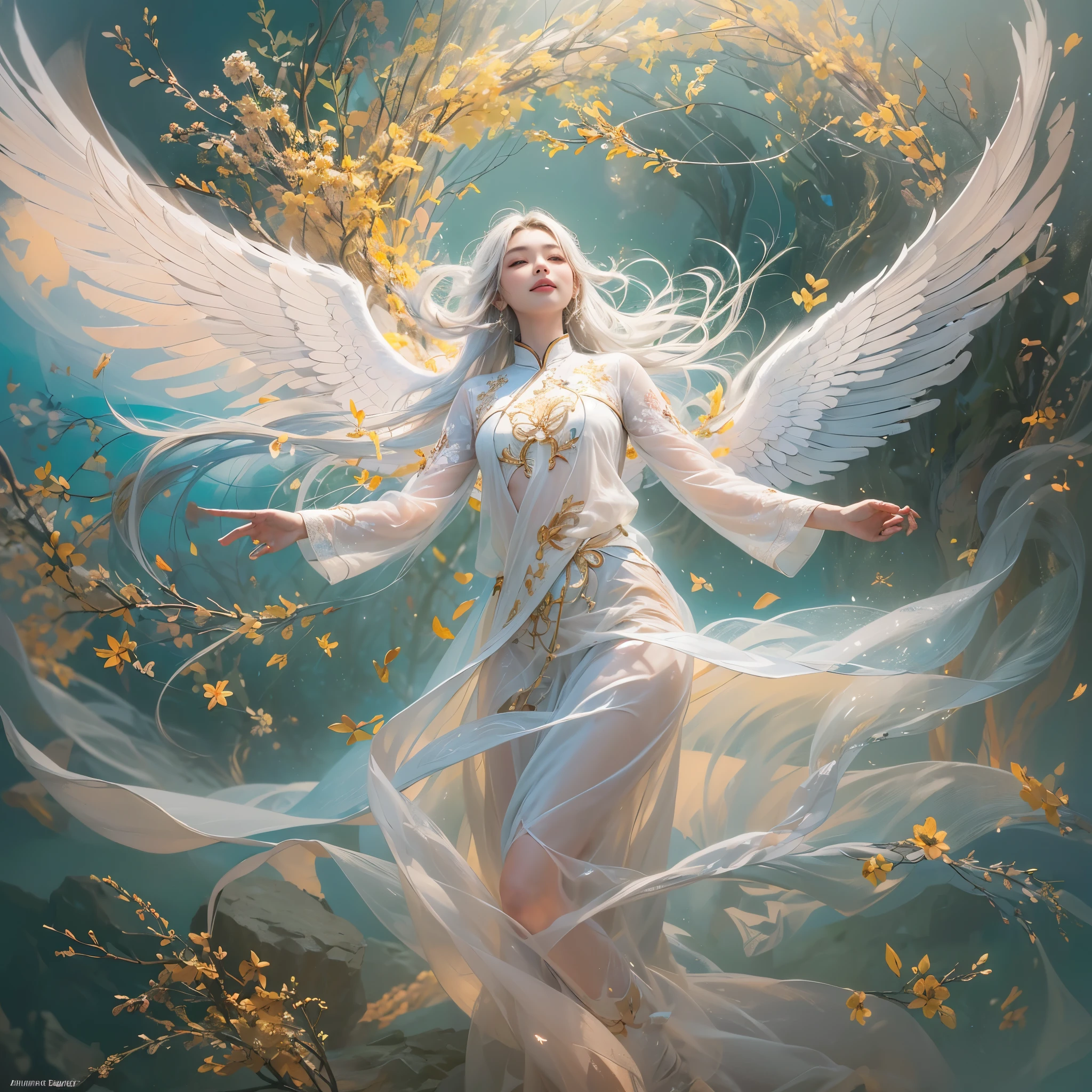 happy girl, flying poses, perfect happy face, Depict a 16-year-old gorgeous Asian figure with white hair and white angel wings, wearing a translucent and transparent ao dai adorned with ethereal light patterns. The figure is in a flying pose, embodying joy and enlightenment, with a serene smile that suggests transcendence beyond physical existence. This scene merges elements of a familiar home setting with surreal, dreamlike qualities, blurring the lines between the physical and metaphysical realms. Surround the figure with an aura of gentle, colorful light, symbolizing an awakening to a deeper truth beyond physical life. The atmosphere is filled with subtle magical elements like energy fields, sparks, lens flares, and bokeh, enhancing the theme of astral projection and spiritual transcendence. The overall scene should convey a profound sense of peace and understanding, capturing the essence of the realization that life transcends physical boundaries, embracing the concept of transformation rather than death.