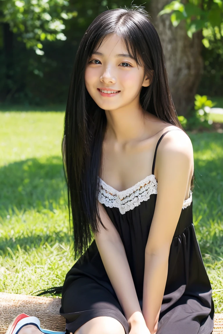 early summer、a beauty girl、、Open your mouth a little、Black hair straight long hair、summer dress、