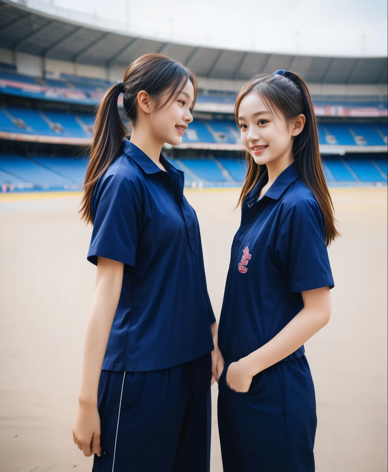 (bestquality,10,10,highres,masterpiece:1.2),ultra-detail,(Realistic,ภาพRealistic,photo-realistic:1.37),1 Cute girl in the football field,oily shiny skin,bara,light smile,BDclothelue shirt:1.3)),short sleeves,shirt, trousers.,(navy_long_ติดตามtrousers:1.1), ((Stadium Background:1.3)),dynamic angle,excited,face focus,Dynamic Poses,from behide,Ass Focus,masterpiece, bestquality, ultra realistic, hyper-detail, 8k resolution, RAW photo, crisp focus, ((Navy blue shirt:1.1)), short sleeves, เส้นทางlong, Complete bodyแบบ, 2 mature women, 18yo, cinematic light,trousersวอร์มสีน้ําเงิน,Gymware,Correct anatomy,Complete body, Correct body, sharp face, Correct bodyทางกายวิภาค, full entire body, Realistic gestures, long-haired, Realistic poses,Wear long shorts...........................................,ช่วงขาlong,Shapely,Sculpting Girl, Slender Figure, mannequin mannequins, Shapely, Beautiful body,trousersวอร์มสีน้ําเงิน, Two girls kissing