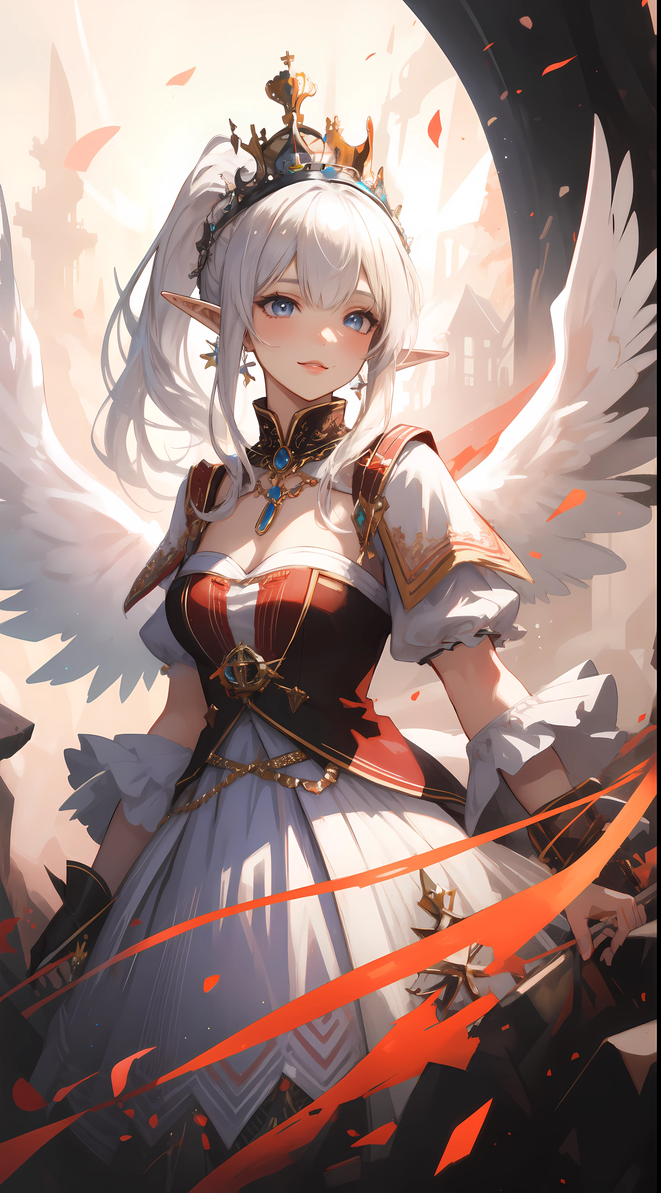 ((masterpiece, best quality)), official art, unity 8k wallpaper, ultra detailed, Rusticcore, contest winner, pixiv, Disgusting a white haired elf woman with wings and jewels on her head and chest, wearing a white dress with silver wings and a silver collar, (Charlie Bowater:0.158) , (Yoshitaka Amano:0.073) , (a character portrait:0.265) , (whiteglovefantasy art:0.457) and Light particle, extremely beautiful, Analytical Art, 8K, best quality, DayGlo orange dust particles, dslr, anaglyph effect, BREAK, highly detailed of (elf), (1girl), solo, perfect face, details eye, ponytail, Blunt bangs, (hair between eye), blue eyes, fantasy art by Artgerm, by Kawacy, by Wadim kashin, BREAK, eyelashes, eyeshadow, pink eyeshadow, light smile, medium breast, BREAK, extremely detailed, dynamic angle, ((crown with jewels))