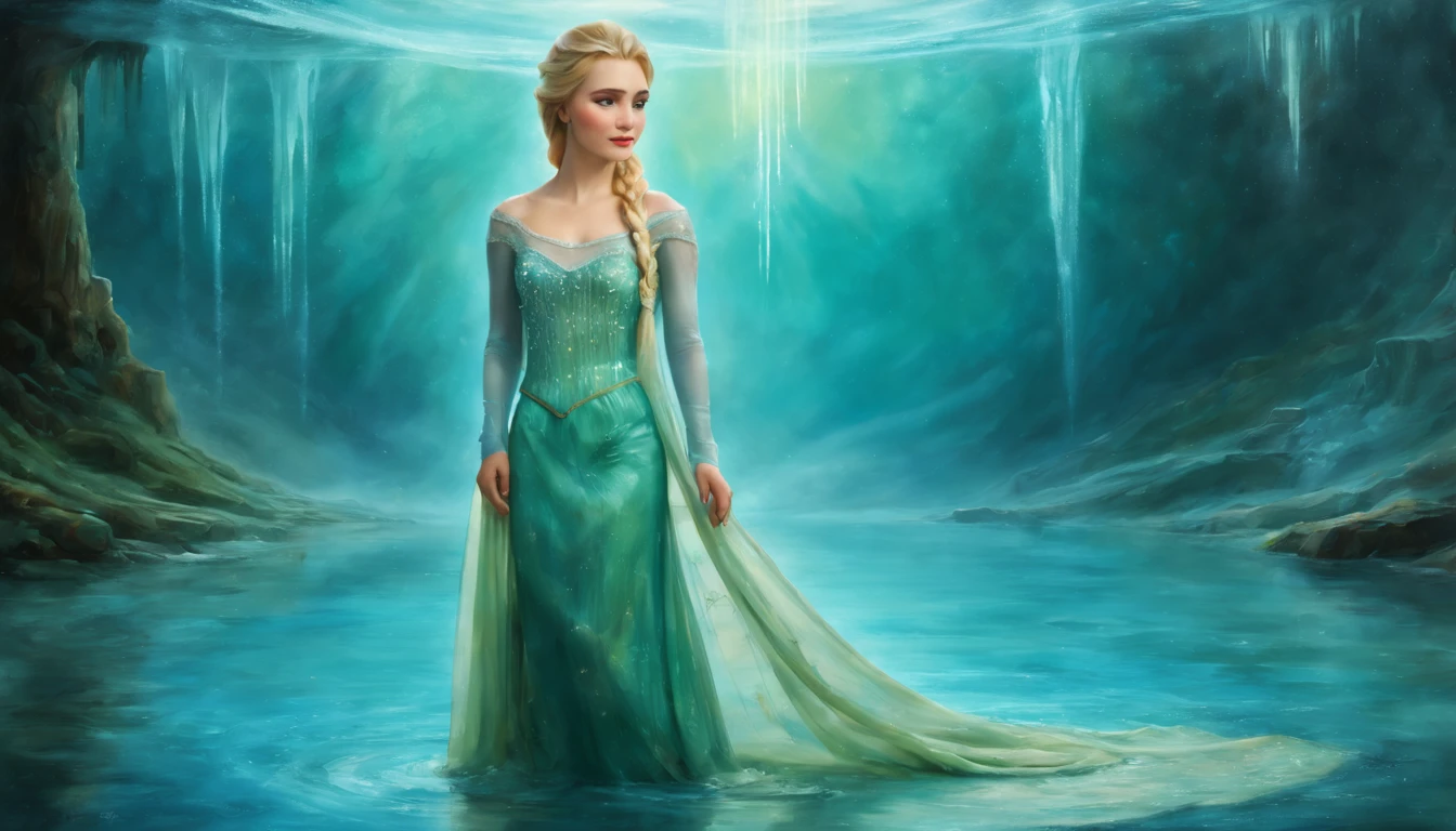 1 girl "Elsa de Frozen com vestido longo verde claro", pintura: Uma encantadora obra de arte representando uma garota vestindo seda, By a mystical pool, cercado por encantos turbulentos, with the distant planet casting an ethereal light upon her.