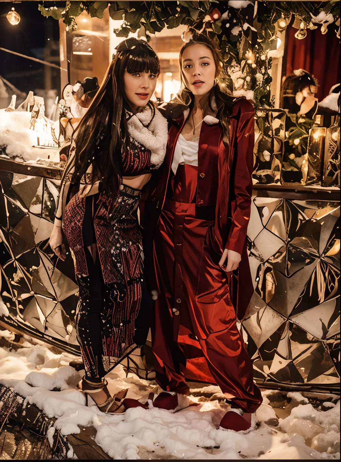 Christmas dress , Red color , Snowfalling , Snow background