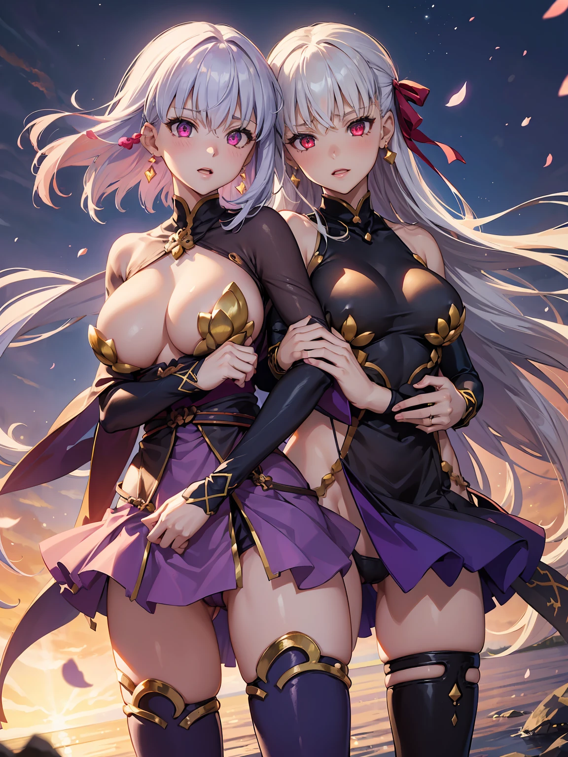 ((highly detailed)), fate grand order, kama, perfect human hands, (great breast:1.1),masterpiece, best quality, ultra-detailed, glistening shiny, glowing light, ray tracing, HDR, deph of field, (perfect face, detailed face, detailed eyes,perfect hands,perfect fingeredium boobs:1.2),8k,HD,ultra realistic face,ray tracing,perfect lighting,best quality, ultra-detailed, shiny eyes, (looking at viewer,open mouth smile:1.1), ((1girl:1.2)), (mature female:1.4),cowboy shot,thicc,streaked_hair,multicolored eyes, gradient eyes, (glowing eyes:1.5), mascara, (fashion make up), parted lips,blush,cameltoe,all fouriddle of japanese countryside,japanese bridge,over the bridge,river,cherry trees,cherry petals,dark blue sky)),((super detailed background)), dynamic poses, ((8k wallpaper)),(ass, from behind, ass focus,bent foward), (kama outfit:1.5), armlet, bare shoulders, bikini armor, bracelet, collar, detached sleeves, dress, earrings, floral print, jewelry, metal collar, miniskirt, pelvic curtain, purple dress, purple skirt, purple sleeves, purple thighhighs, ring, skirt, thighhighs, thighlet