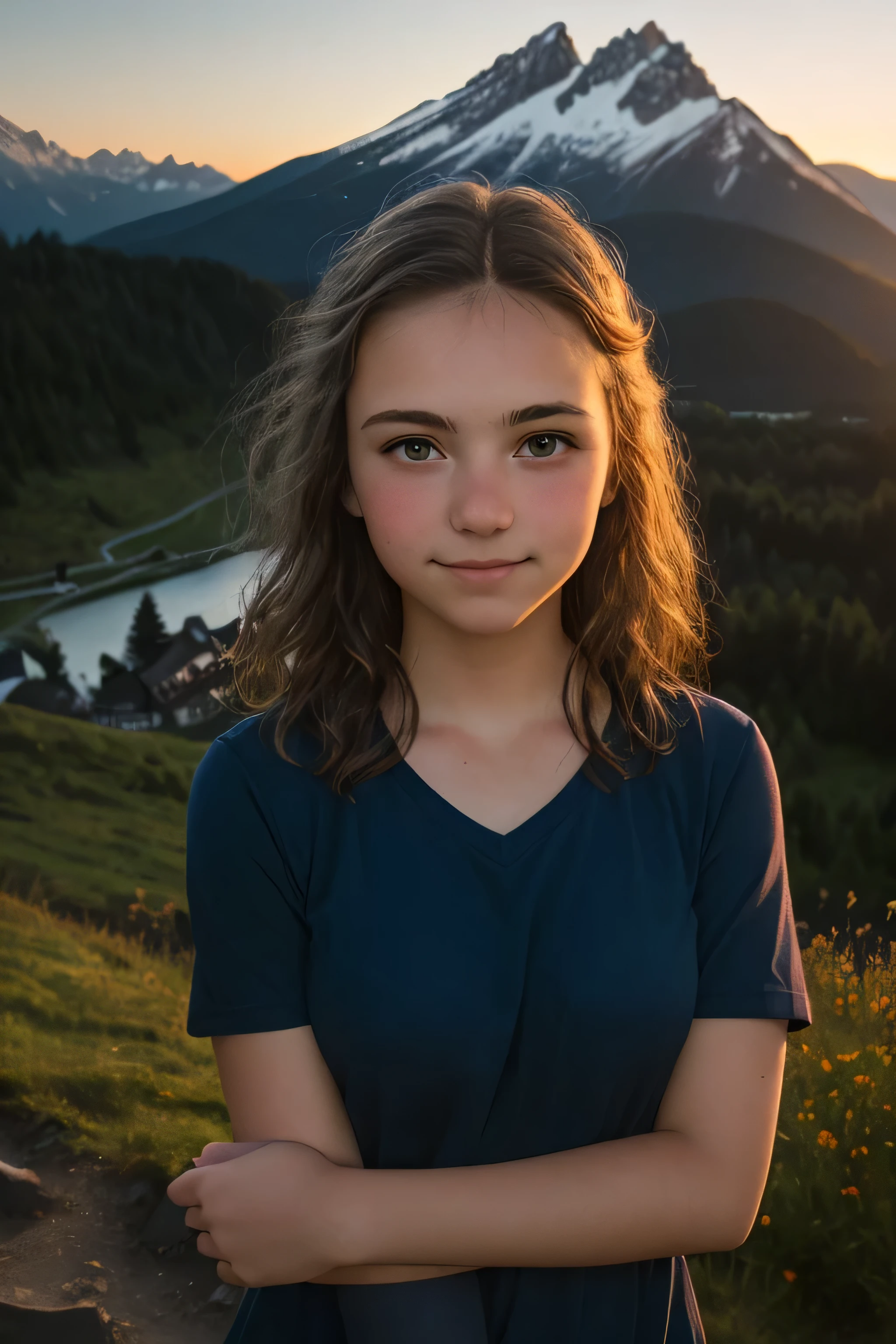 ((best quality)), ((Meisterwerk)), (Detailliert), Perfektes Gesicht, girl in front of mountains at dusk