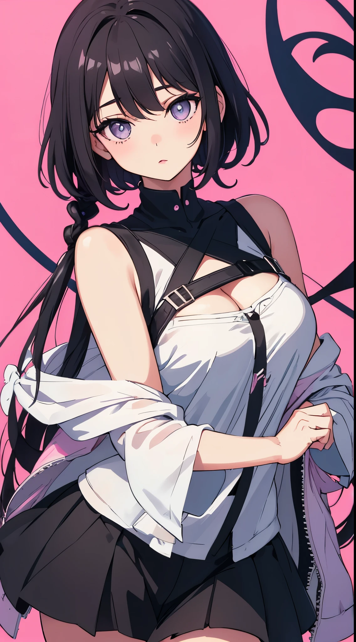 Little nice kids girl，Dark hair，Pink lips，Wearing a black shirt，Pastel palette Aurora Punk style，an anime illustration of her face，Animated GIFs，Hand-drawn animation，Captivating sketches，Smooth and shiny，Hazy romanticism，superflat style,White background -- ar 1:1--Nizi 5--Style expression--s 50，cleavage，(Large breasts，The shoulder straps slip off)