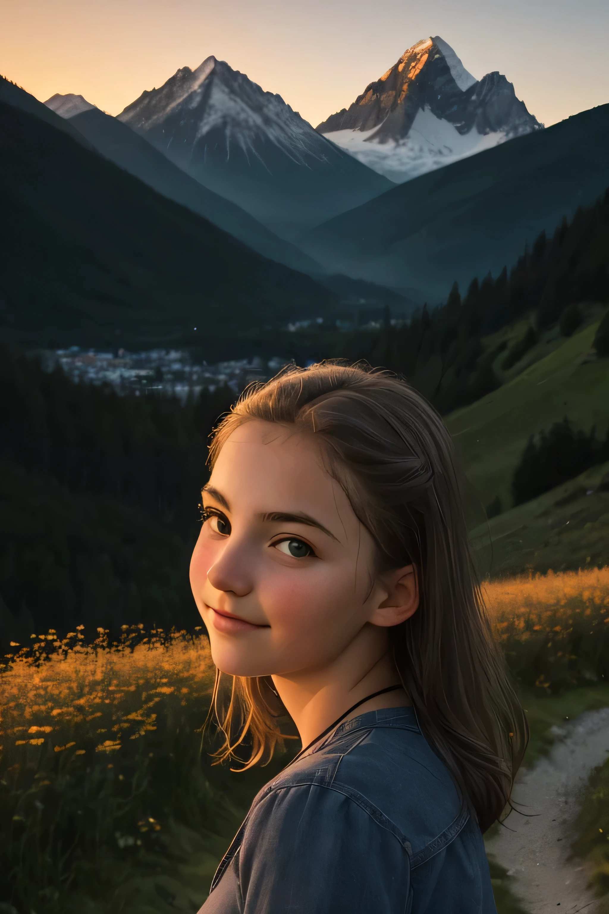 ((best quality)), ((Meisterwerk)), (Detailliert), Perfektes Gesicht, 15 year old girl in front of mountains at dusk