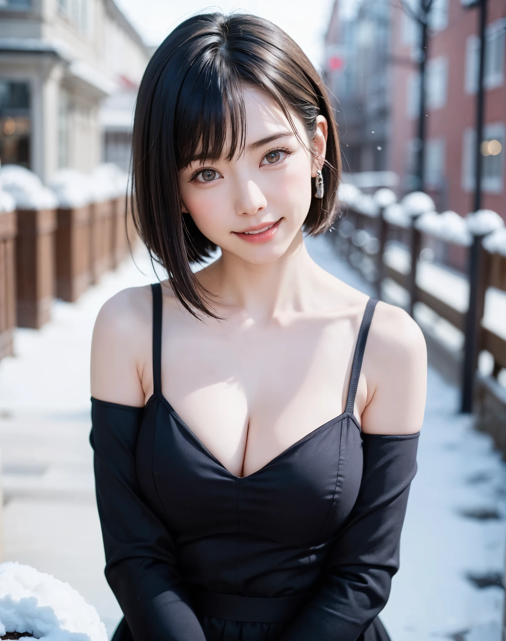 (masterpiece, top-quality),1girl in, 独奏, hyper realisitic, Photorealistic,realisitic, looking at the viewers, brown eyes of light color:1.4,Brunette short bob hair with highly detailed shiny hair, Winter clothes in bright colors, lepangas:1.4), plein air, a closed mouth, The upper part of the body、big eye、Lashes、{Gigantic|Big|Huge|Mega} breasts:1.4, cleavage:1.4、(((big eye、Short bob hair、Intense highlights of the pupils、gazing at viewer、She is a very beautiful and cute beauty、Put your ears out、long neck、smil、Close your mouth and smil、bangs beautiful teeth)))、Ideal ratio body proportions、(Snow-covered tree-lined streets in Norway in winter)