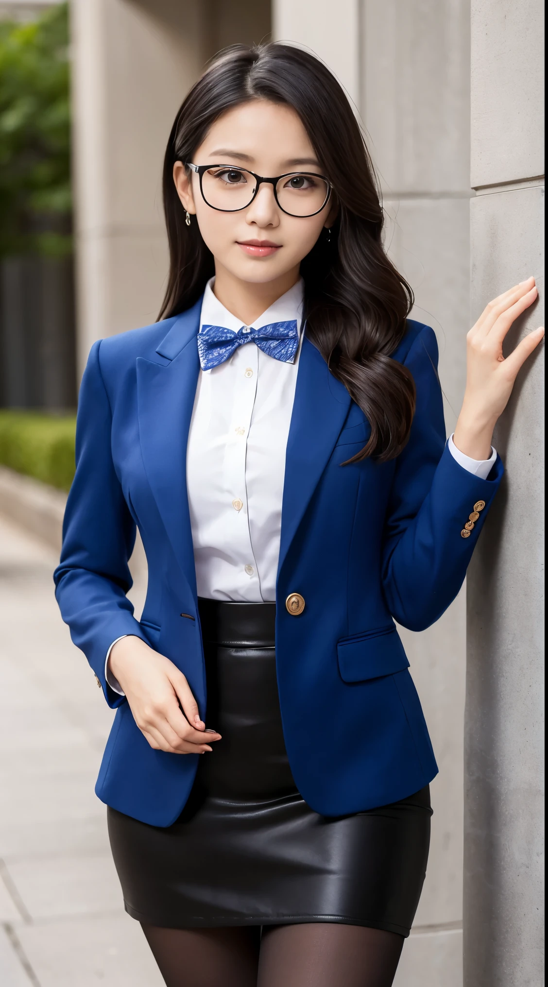 Best Quality、Top image quality、Ultra HD Images、((1人の女性、View photographer))、((Well-formed face、Actress face、Model face、Glasses Girls))、Shot from a distance、Standing、Model body type、Officelady、Slender Beauty、((Blue suit、Bowtie Blouse、Blue tight skirt、Black pantyhose、high-heels))、((Perfect limbs))