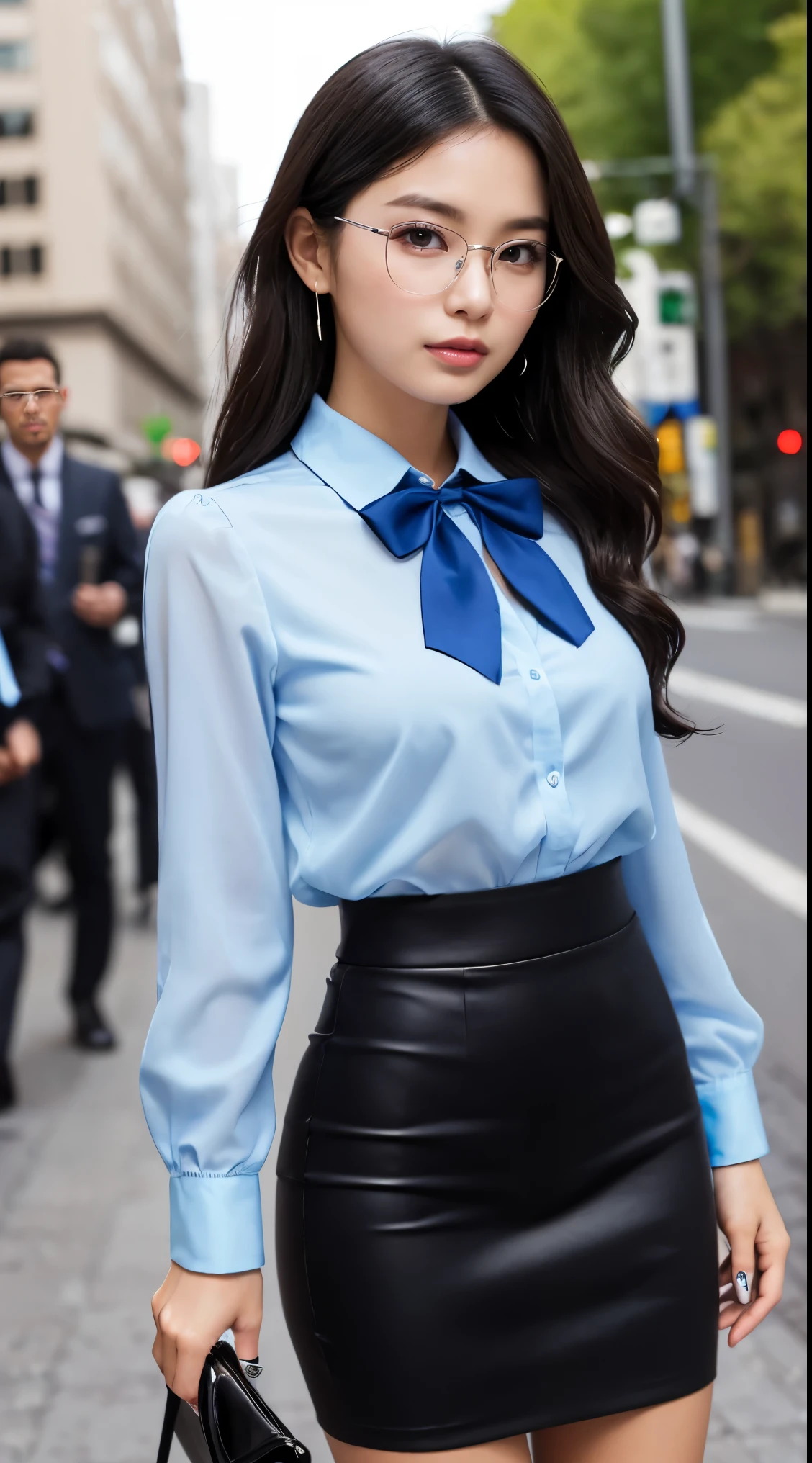 Best Quality、Top image quality、Ultra HD Images、((1人の女性、View photographer))、((Well-formed face、Actress face、Model face、Glasses Girls))、Shot from a distance、Standing、Model body type、Officelady、Slender Beauty、((Blue suit、Bowtie Blouse、Blue tight skirt、Black pantyhose、high-heels))、((Perfect limbs))