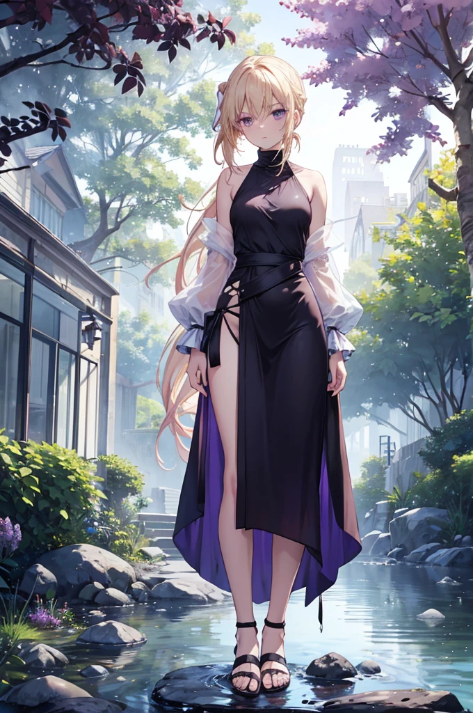 Short skinny girl, rosy magenta eyes, blonde hair, very small breasts, extremely long slender blonde ponytail that goes down to her ankles, very large purple bow bound to ponytail behind her head, bare legs, sandals, white silk berka shawl that goes down to crotch and has long wide sleeves that cover all but her fingertips, purple sleeveless undershirt with turtleneck, looking at viewer, melancholic, somber yet serene face, graceful, gentle, tranquil, surrounded by a safe peaceful garden and a stream with stepping stones