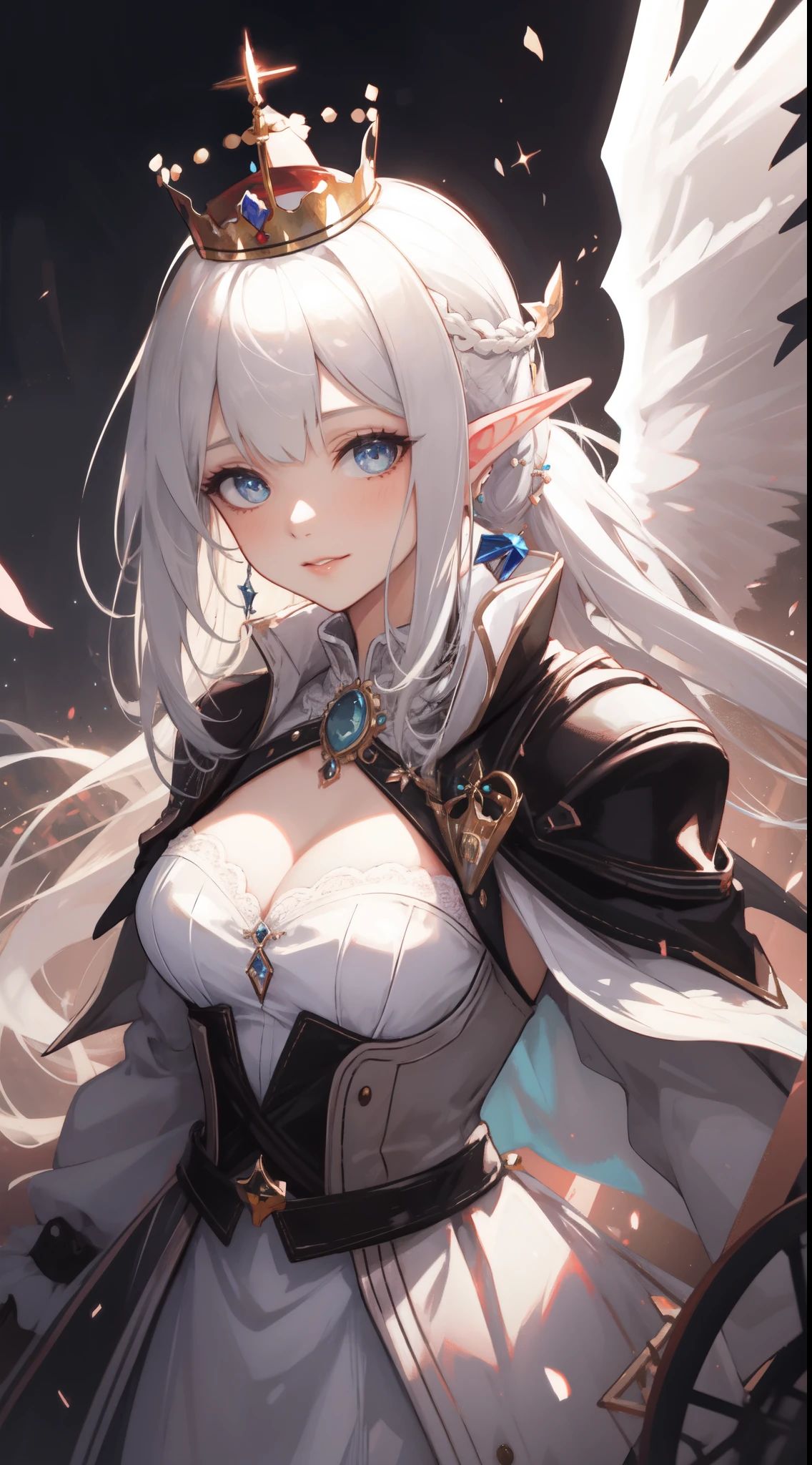 ((masterpiece, best quality)), official art, unity 8k wallpaper, ultra detailed, Rusticcore, contest winner, pixiv, Disgusting a white haired elf woman with wings and jewels on her head and chest, wearing a white dress with silver wings and a silver collar, (Charlie Bowater:0.158) , (Yoshitaka Amano:0.073) , (a character portrait:0.265) , (whiteglovefantasy art:0.457) and Light particle, extremely beautiful, Analytical Art, 8K, best quality, DayGlo orange dust particles, dslr, anaglyph effect, BREAK, highly detailed of (elf), (1girl), solo, perfect face, details eye, ponytail, Blunt bangs, (hair between eye), blue eyes, fantasy art by Artgerm, by Kawacy, by Wadim kashin, BREAK, eyelashes, eyeshadow, pink eyeshadow, light smile, medium breast, BREAK, extremely detailed, dynamic angle, ((crown with jewels))