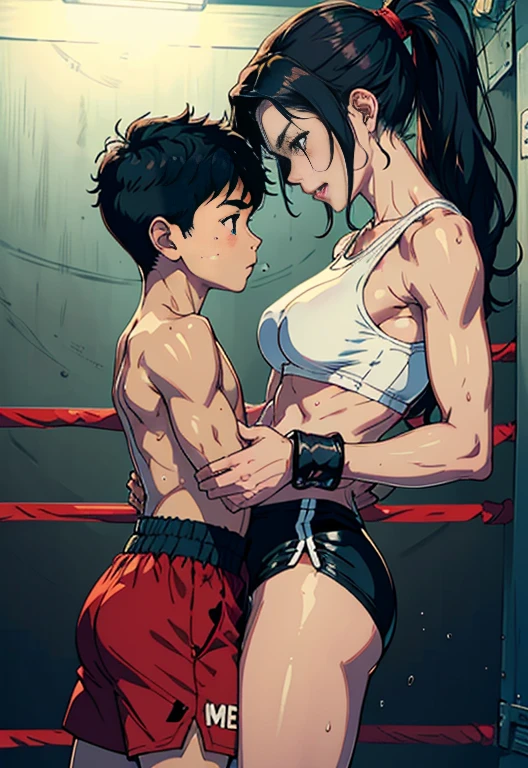 ippo Makanaochi, , boy box fighter, anime Hajime no Ippo, sexy MOM and Son couple having sexual education into the ring, (original) , mom busty and tall perfect legs perfect ass, (very detailed wallpaper) , (best quality) , (masterpiece) , photographic reality, realistic, very detailed illustrations, (1 MILF with 1 young boying sexual training into the ring ) , beautiful eyes, (delicate faces) , perfect detail, (best lighting) , (super complex detail oxing girl with boxing boy) , sweat, heavy breathing , (boxing ring) , athletic sexy mini shorts on mom showing ass, male boxing shorts on boy, perfect detail, perfect fingers, perfect limbs, impact, (shiny skin) , abs, muscles, waistline,boxing shorts, fist fight, black hair, high ponytail, very long hair, 4K unified, (super detailed CG: 1.2) , (8K: 1.2) , realistic, octane rendering, sexy tall mom and smaller son fight sex training,topless mom