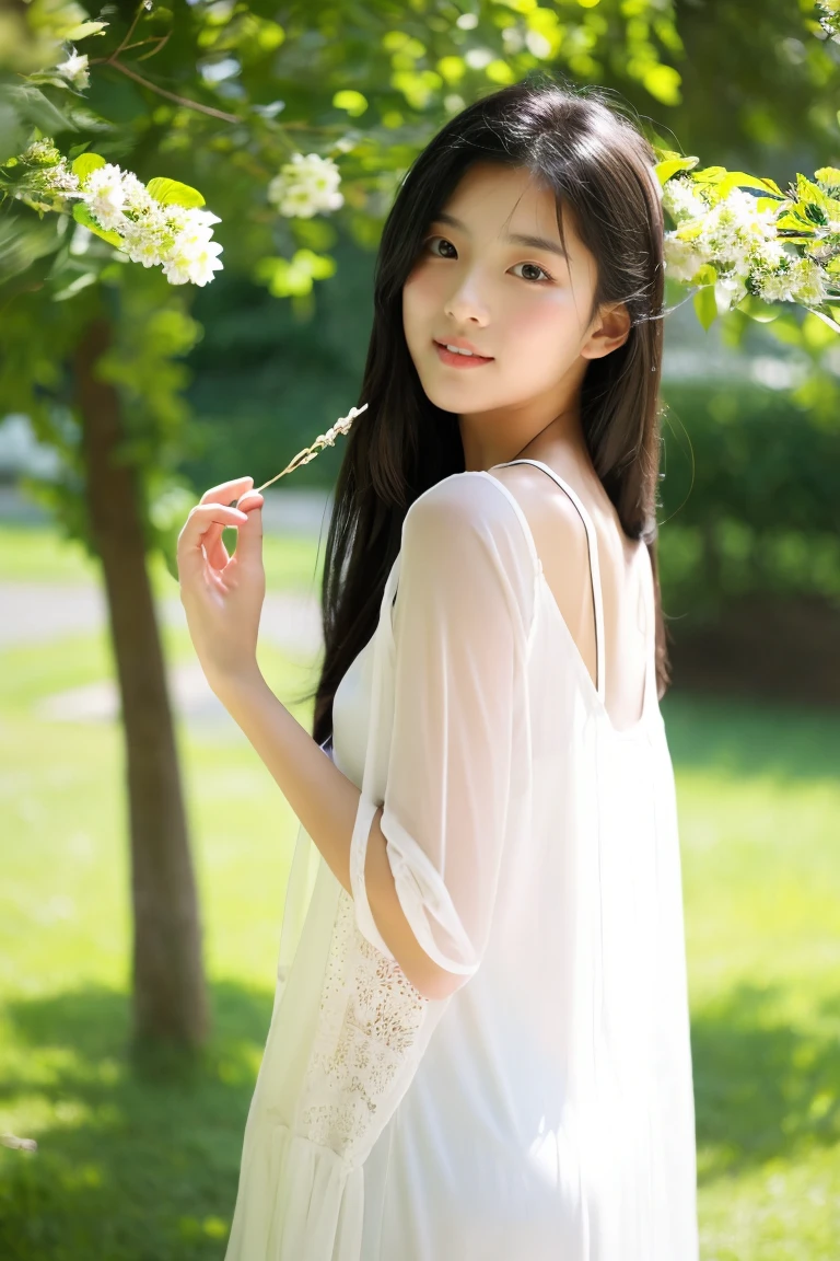 early summer、a beauty girl、sixteen years old、Open your mouth a little、Black hair straight long hair、White summer dress、sheer summer cardigan、