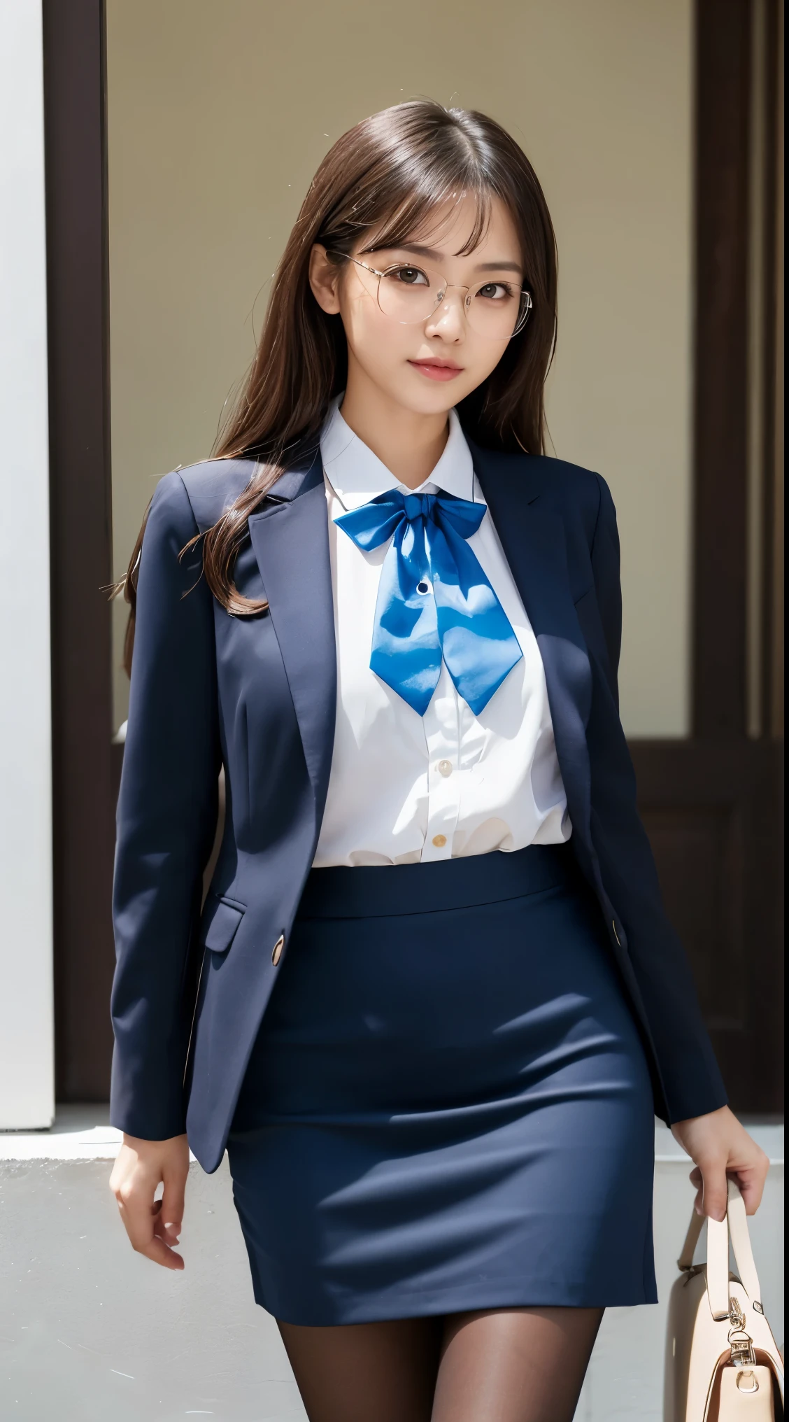 Best Quality、Top image quality、Ultra HD Images、((1人の女性、View photographer))、((Well-formed face、Actress face、Model face、Glasses Girls))、Shot from a distance、Standing、Model body type、Officelady、Slender Beauty、((Blue suit、Bowtie Blouse、Blue tight skirt、Black pantyhose、high-heels))、((Perfect limbs))