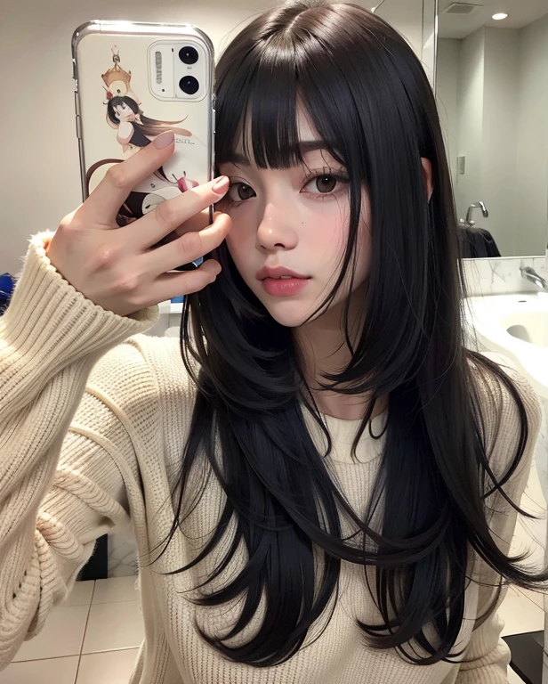 Araffe girl with long black hair taking a selfie in a bathroom, Corte de pelo Hime negro, ulzzang, cabelo comprido como franja completa, Ella tiene el pelo negro con flequillo, Pelo largo con flequillo, El Corte Hime, Cabello largo y oscuro con flequillo, Peinado White Hime Cut, Cabello largo y negro con flequillo, Blackbangs pelo pelo, como franja completa.