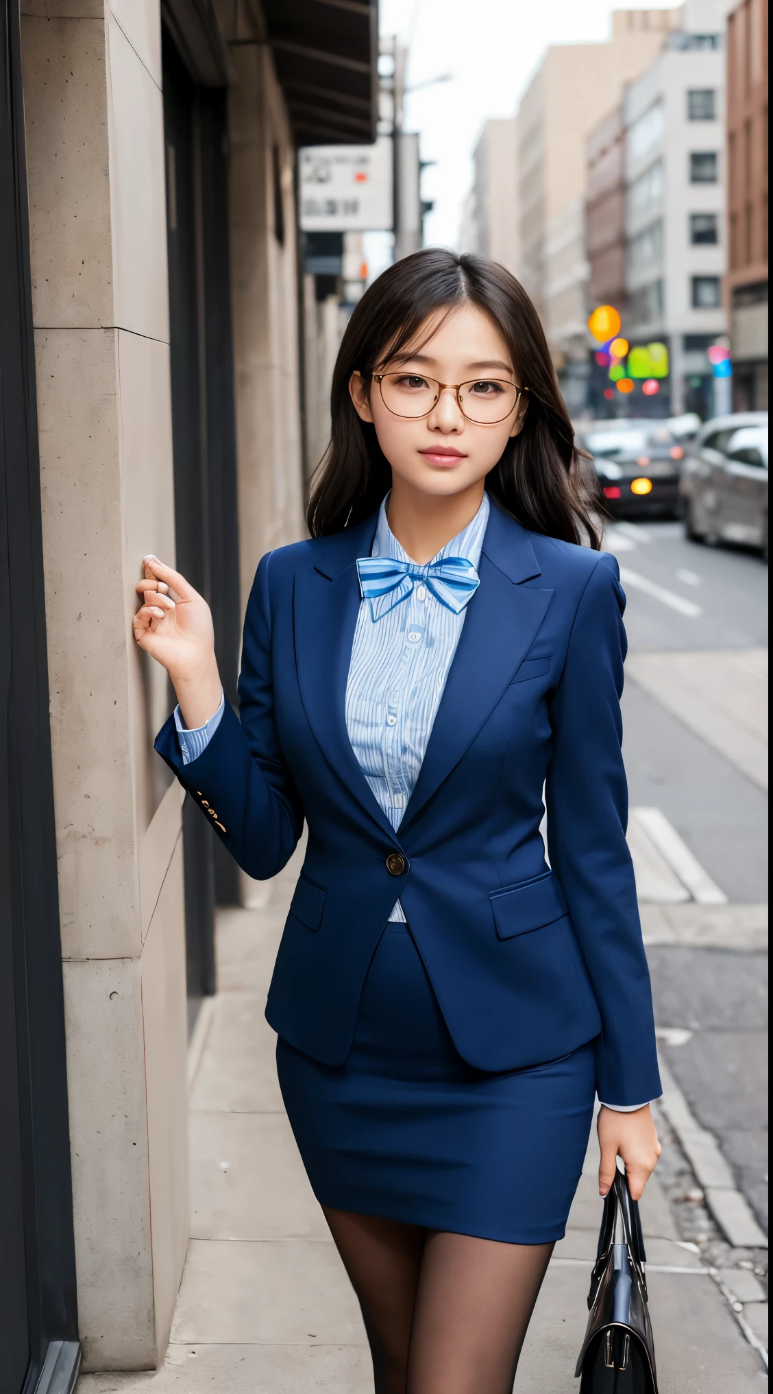 Best Quality、Top image quality、Ultra HD Images、((1人の女性、View photographer))、((Well-formed face、Actress face、Model face、Glasses Girls))、Shot from a distance、Standing、Model body type、Officelady、Slender Beauty、((Blue suit、Bowtie Blouse、Blue tight skirt、Black pantyhose、high-heels))、((Perfect limbs))