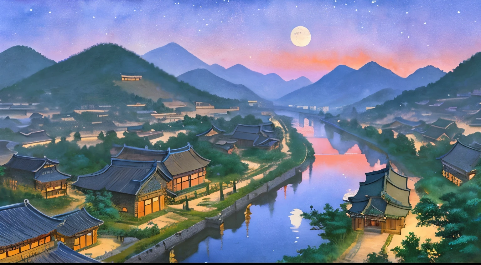 In an ancient Han Dynasty street painting, rendered in a watercolor style from an aerial perspective, the scene unfolds with a panoramic view. Behind the rows of houses, majestic mountains and clouds create a scenic backdrop. Under the night sky, a small moon and stars illuminate the tranquil setting. Moonlight reflects on the river, enhancing the serene ambiance. Devoid of people, the painting captures the ethereal beauty and stillness of a bygone era, creating a captivating and open composition