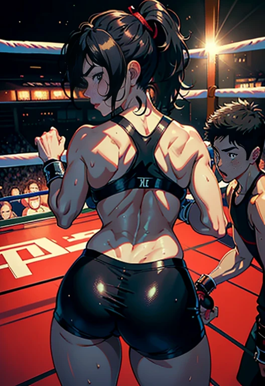 ippo Makanaochi, , boy box fighter, anime Hajime no Ippo, sexy MOM and Son couple having sexual education into the ring, (original) , mom busty and tall perfect legs perfect ass, (very detailed wallpaper) , (best quality) , (masterpiece) , photographic reality, realistic, very detailed illustrations, (1 MILF with 1 young boying sexual training into the ring ) , beautiful eyes, (delicate faces) , perfect detail, (best lighting) , (super complex detail oxing girl with boxing boy) , sweat, heavy breathing , (boxing ring) , athletic sexy mini shorts on mom showing ass, male boxing shorts on boy, perfect detail, perfect fingers, perfect limbs, impact, (shiny skin) , abs, muscles, waistline,boxing shorts, fist fight, black hair, high ponytail, very long hair, 4K unified, (super detailed CG: 1.2) , (8K: 1.2) , realistic, octane rendering, sexy tall mom and smaller son fight training,topless mom